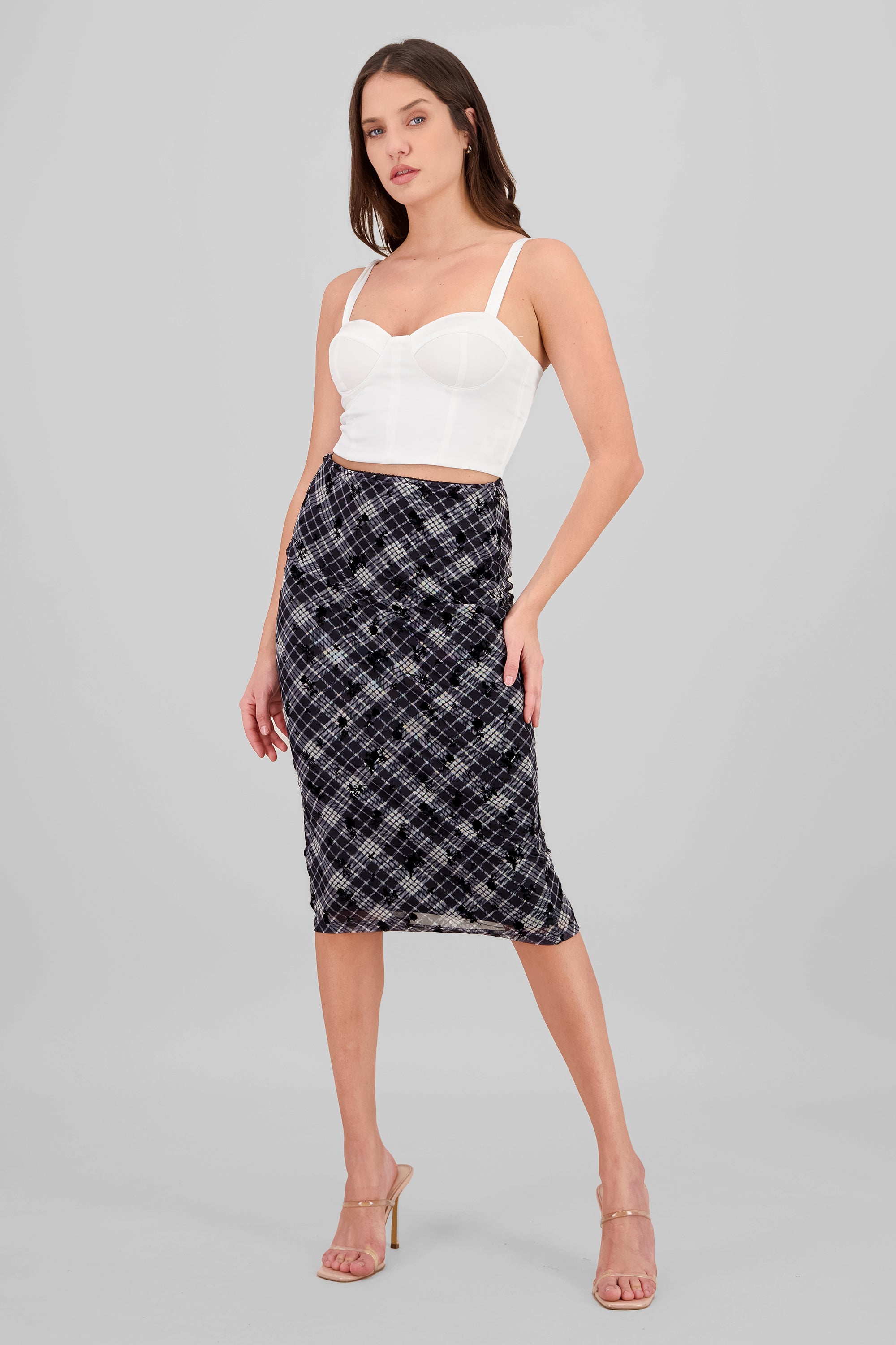 Falda maxi cuadros detalle flores NEGRO COMBO