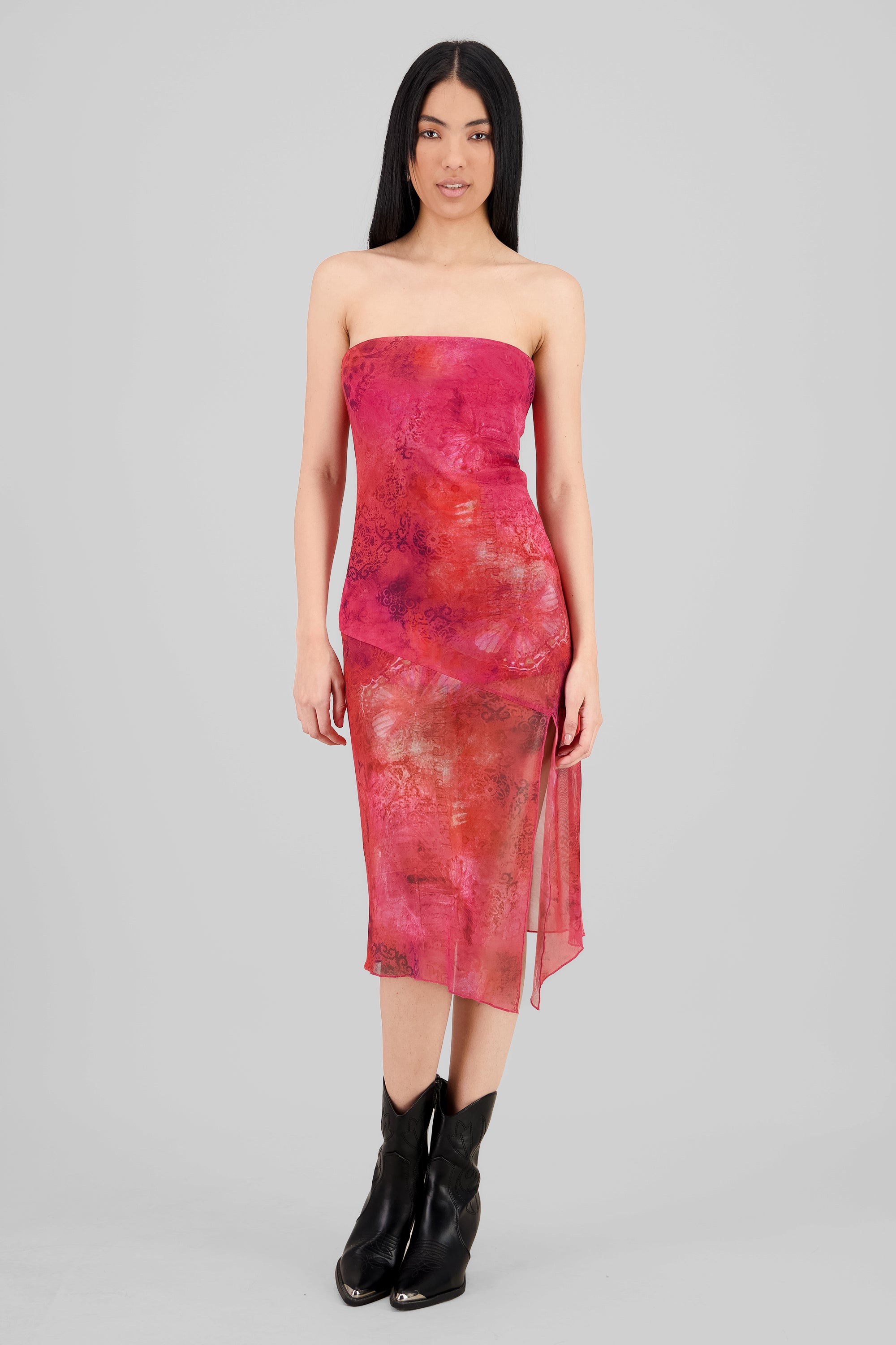 Vestido midi mesh strapless estampado ROJO COMBO