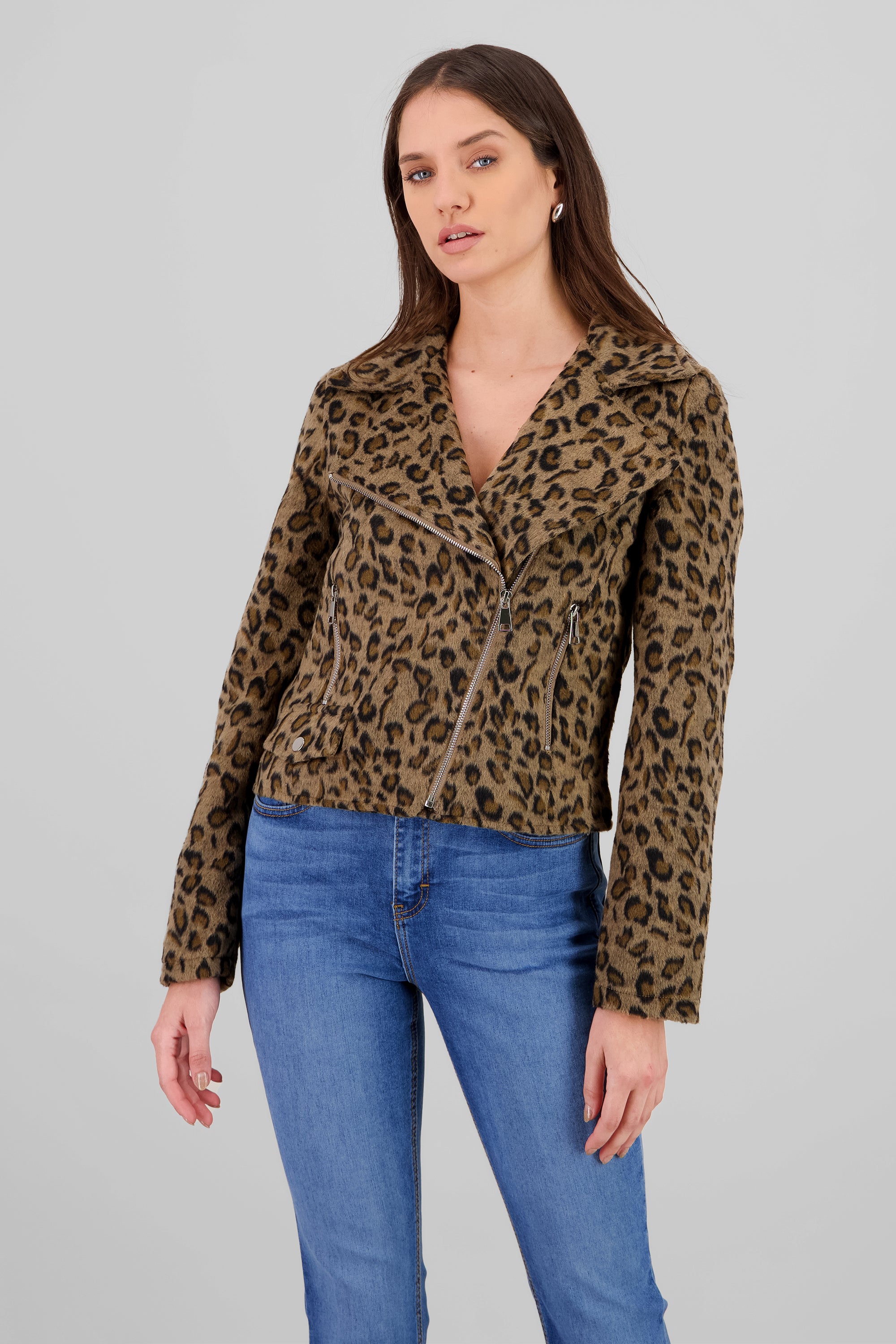 Chamarra biker animal print CAFE COMBO