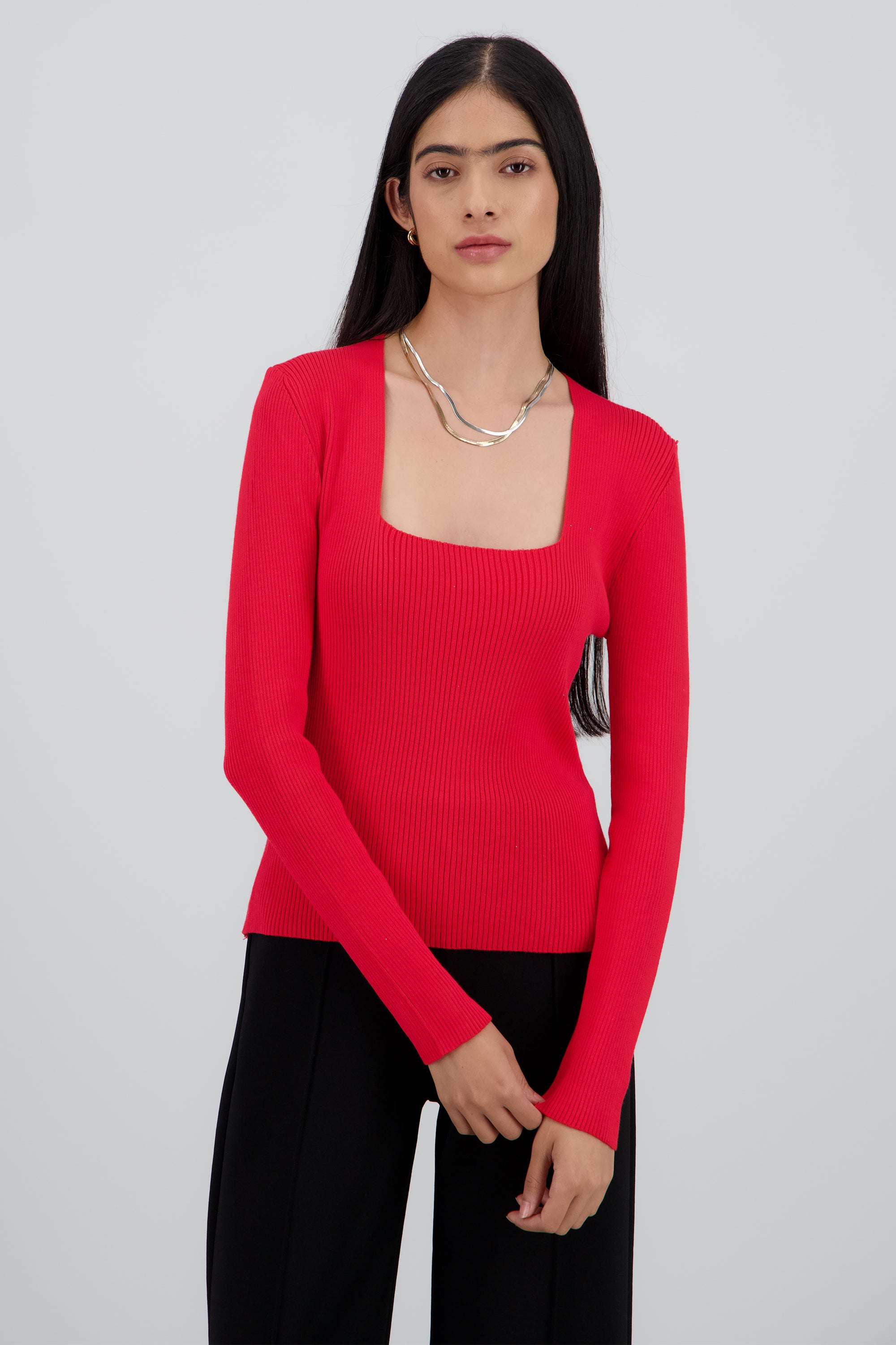 Sueter tejido de cuello cuadrado liso ROJO