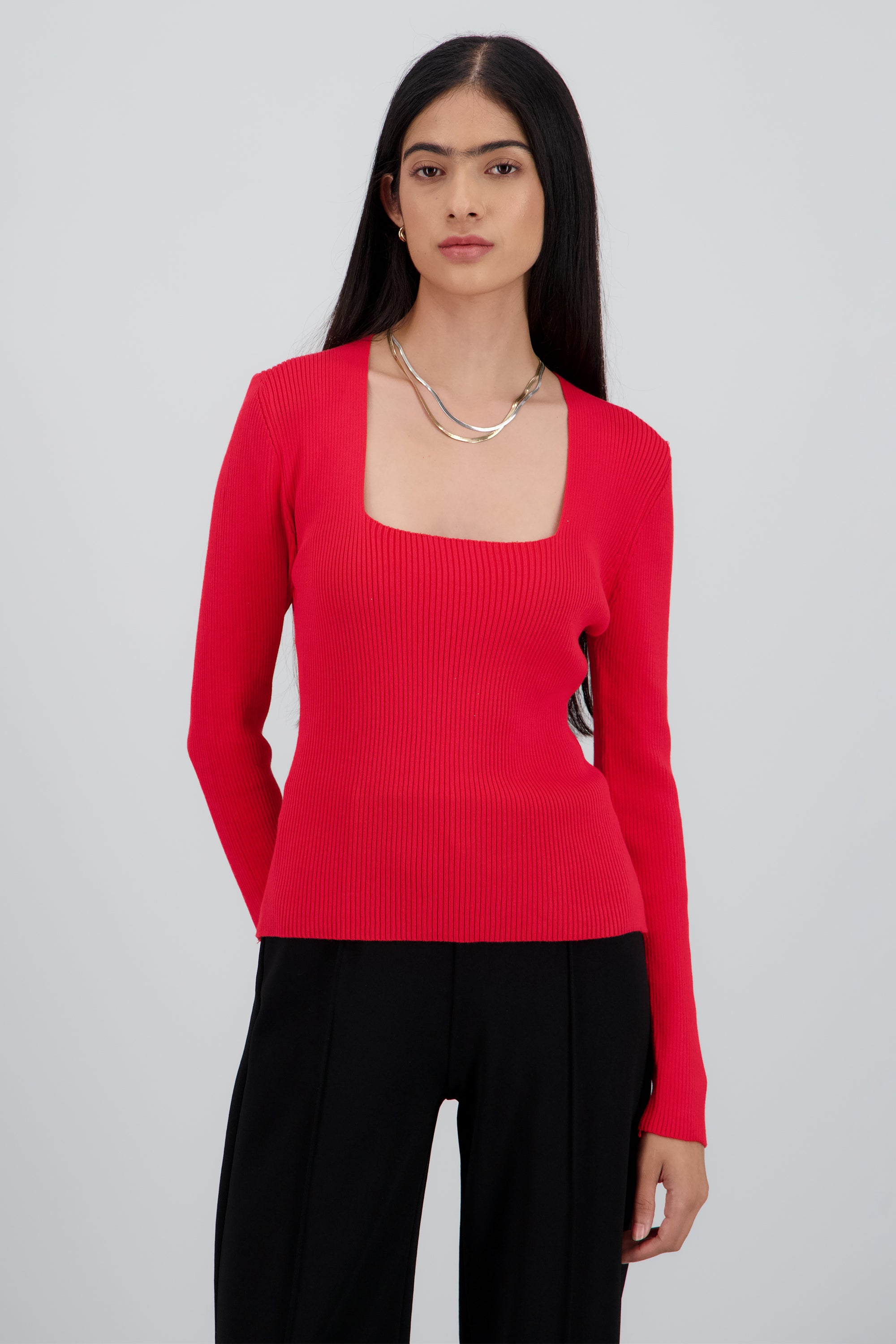 Sueter tejido de cuello cuadrado liso ROJO