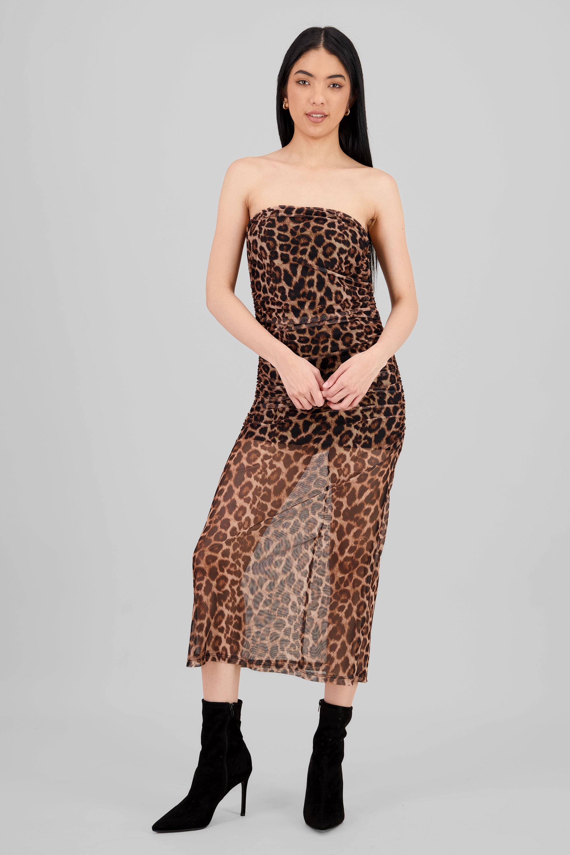 Vestido maxi drapeado mesh animal print CAFE COMBO