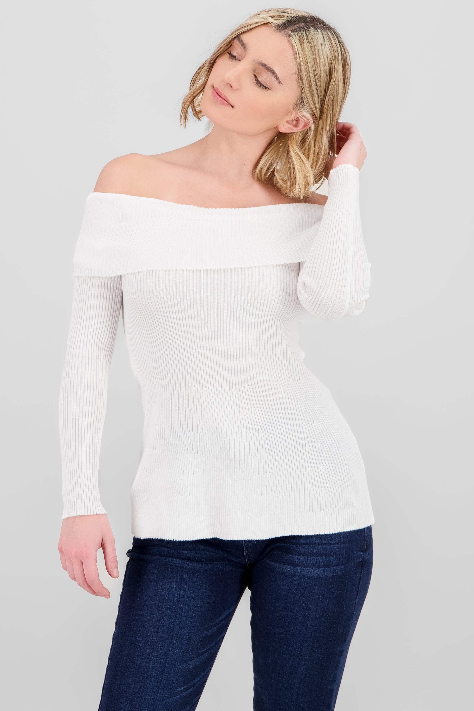 Top sin hombros tejido rib BLANCO