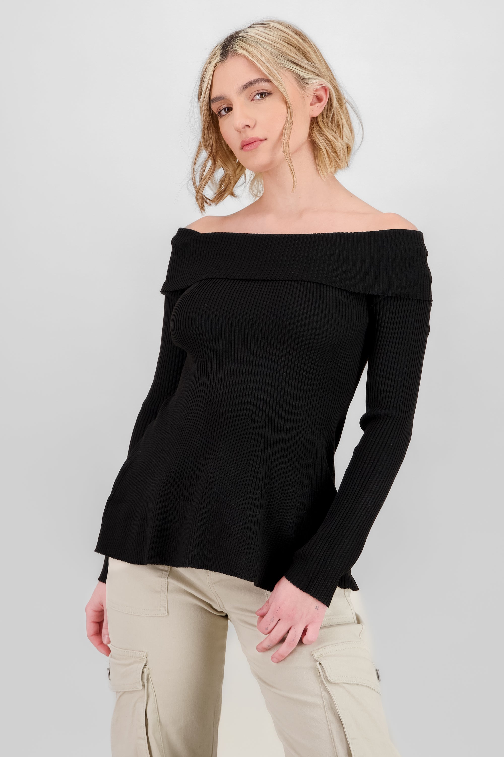 Top sin hombros tejido rib NEGRO