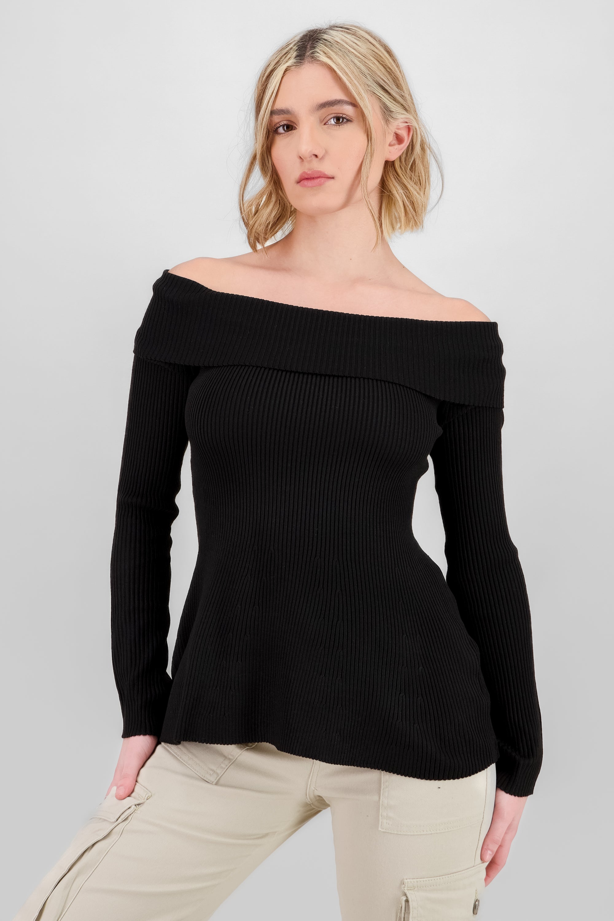 Top sin hombros tejido rib NEGRO