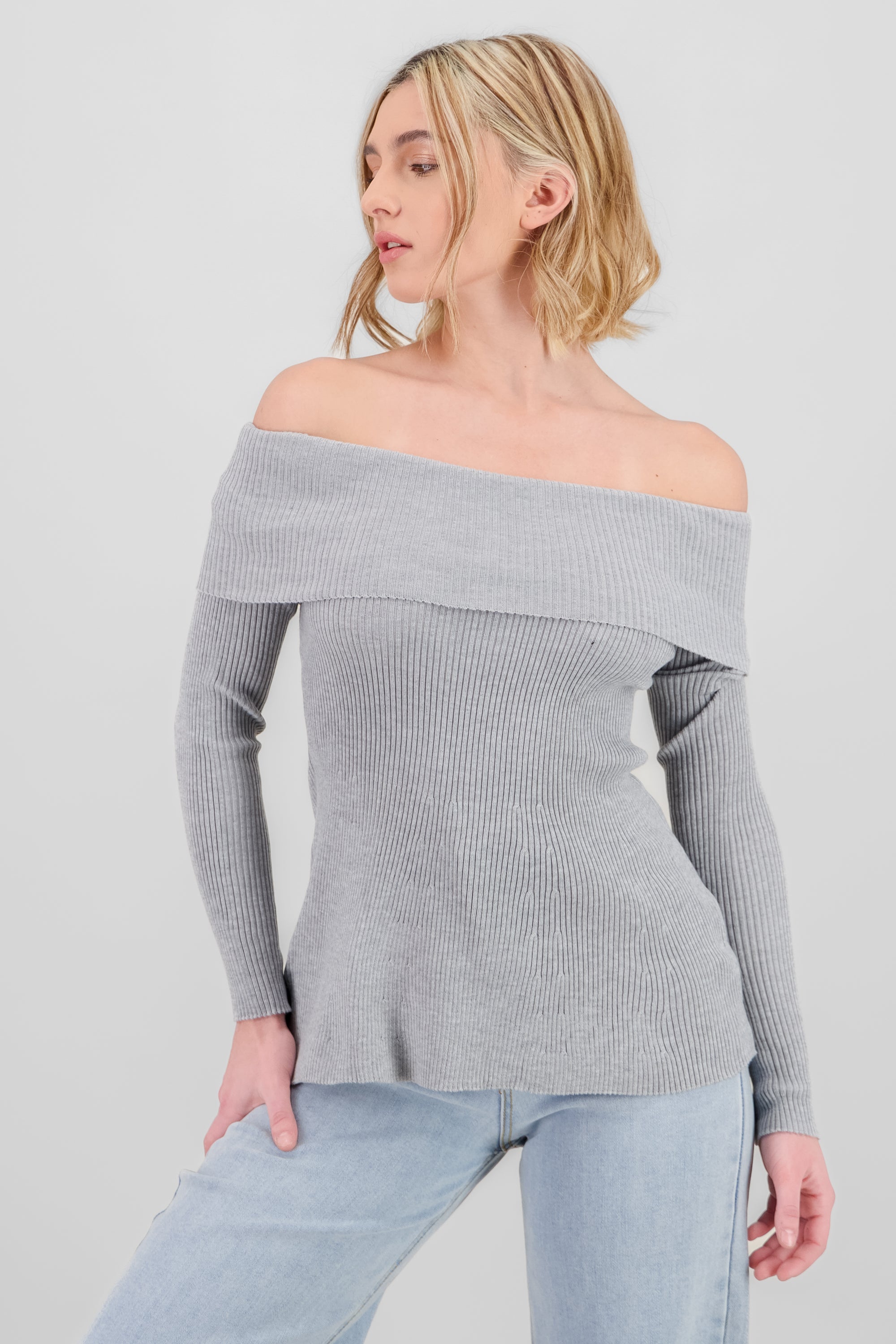 Top sin hombros tejido rib GRIS JASPE