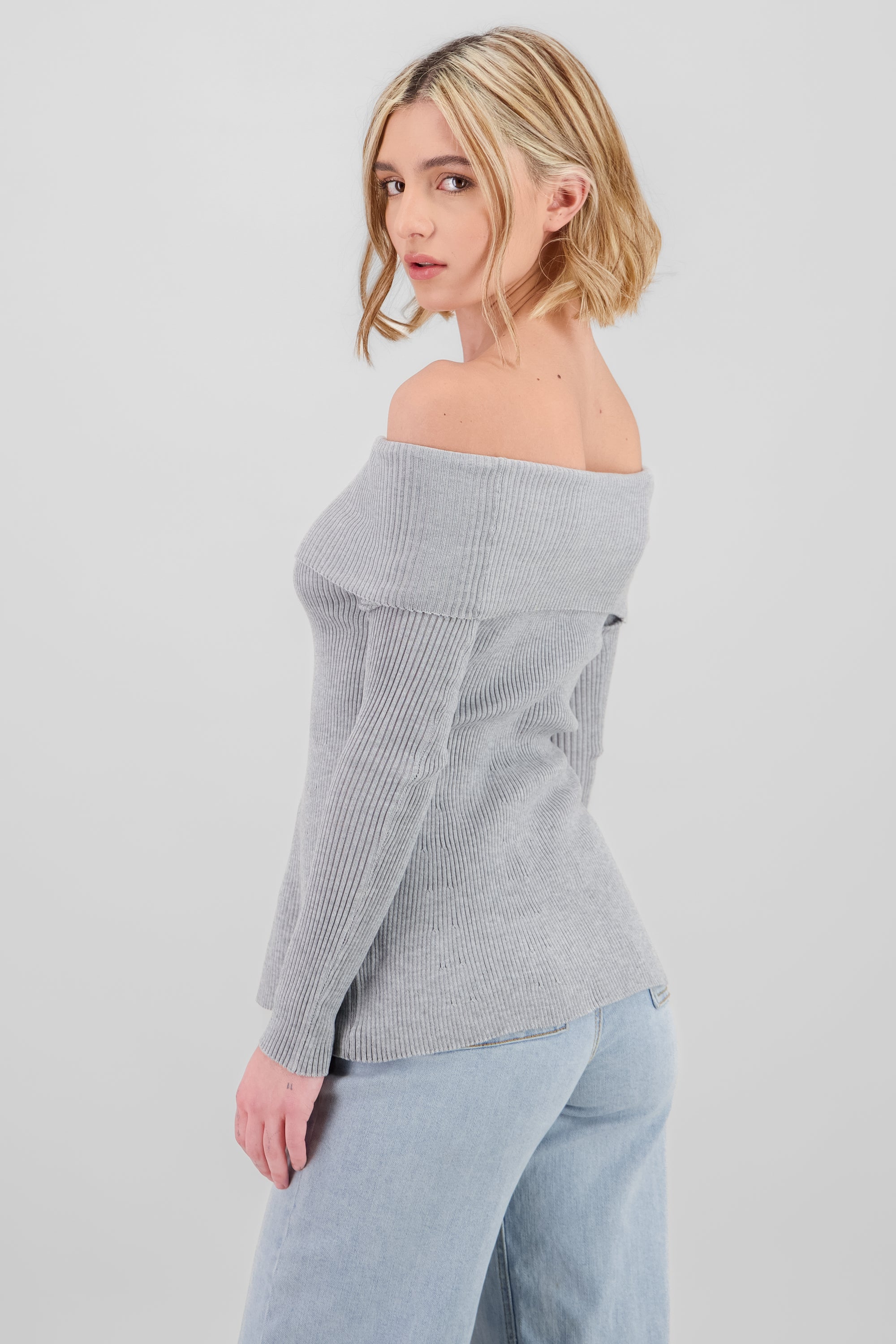 Top sin hombros tejido rib GRIS JASPE