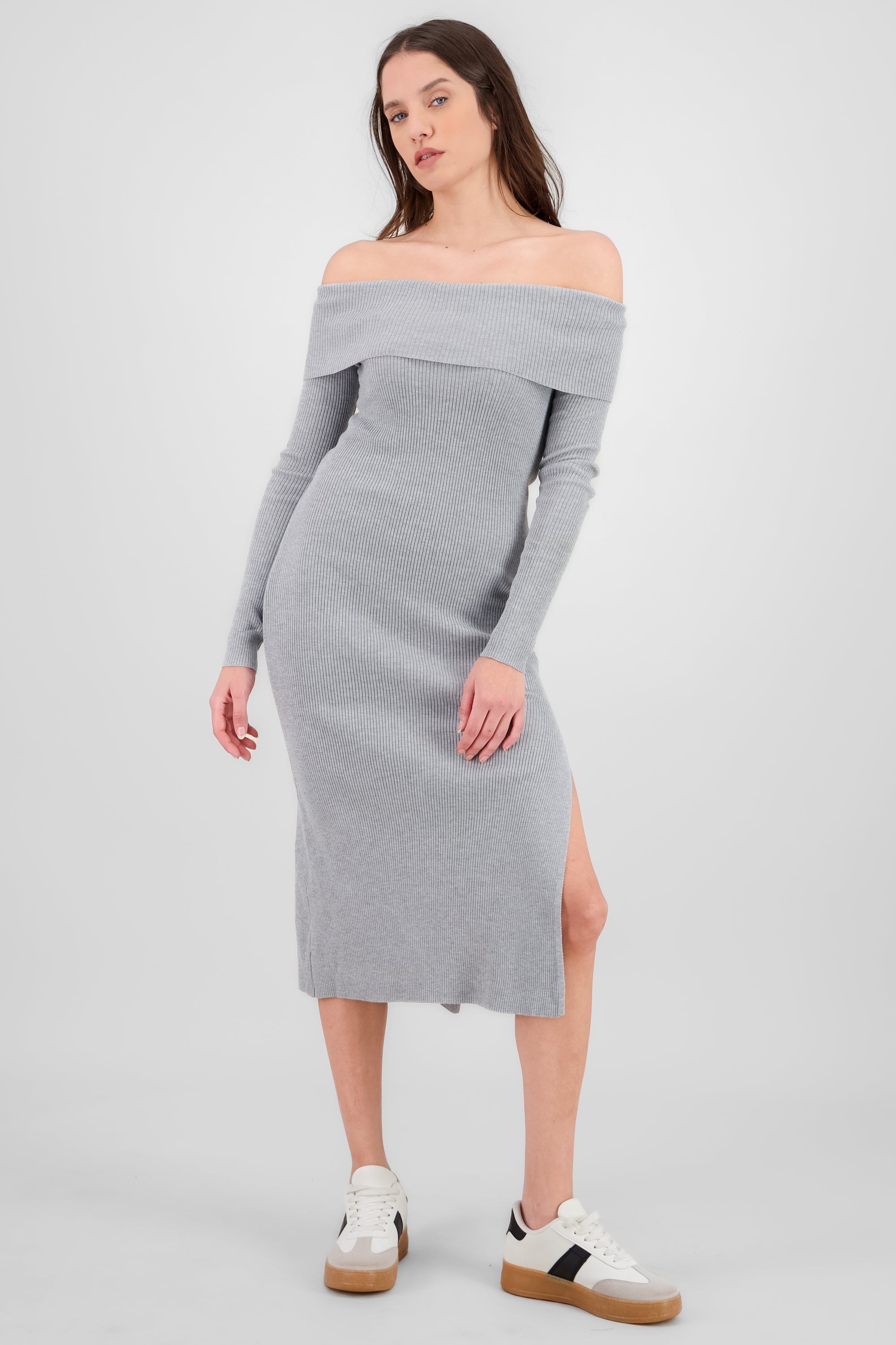 Vestido maxi sin hombros GRIS JASPE