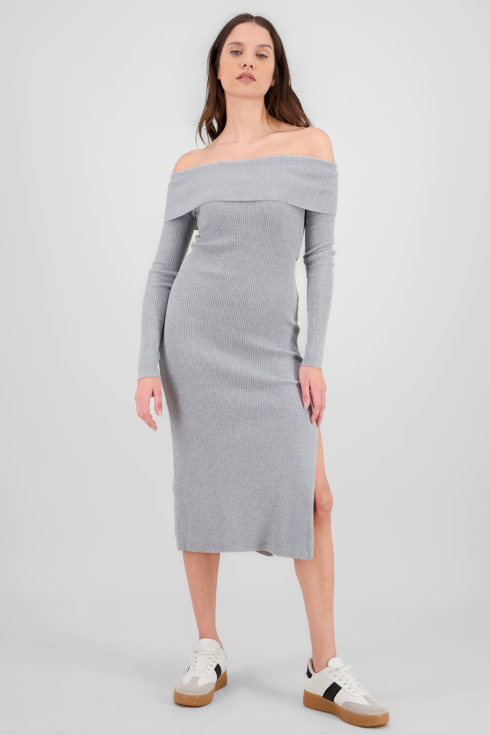 Vestido maxi sin hombros GRIS JASPE