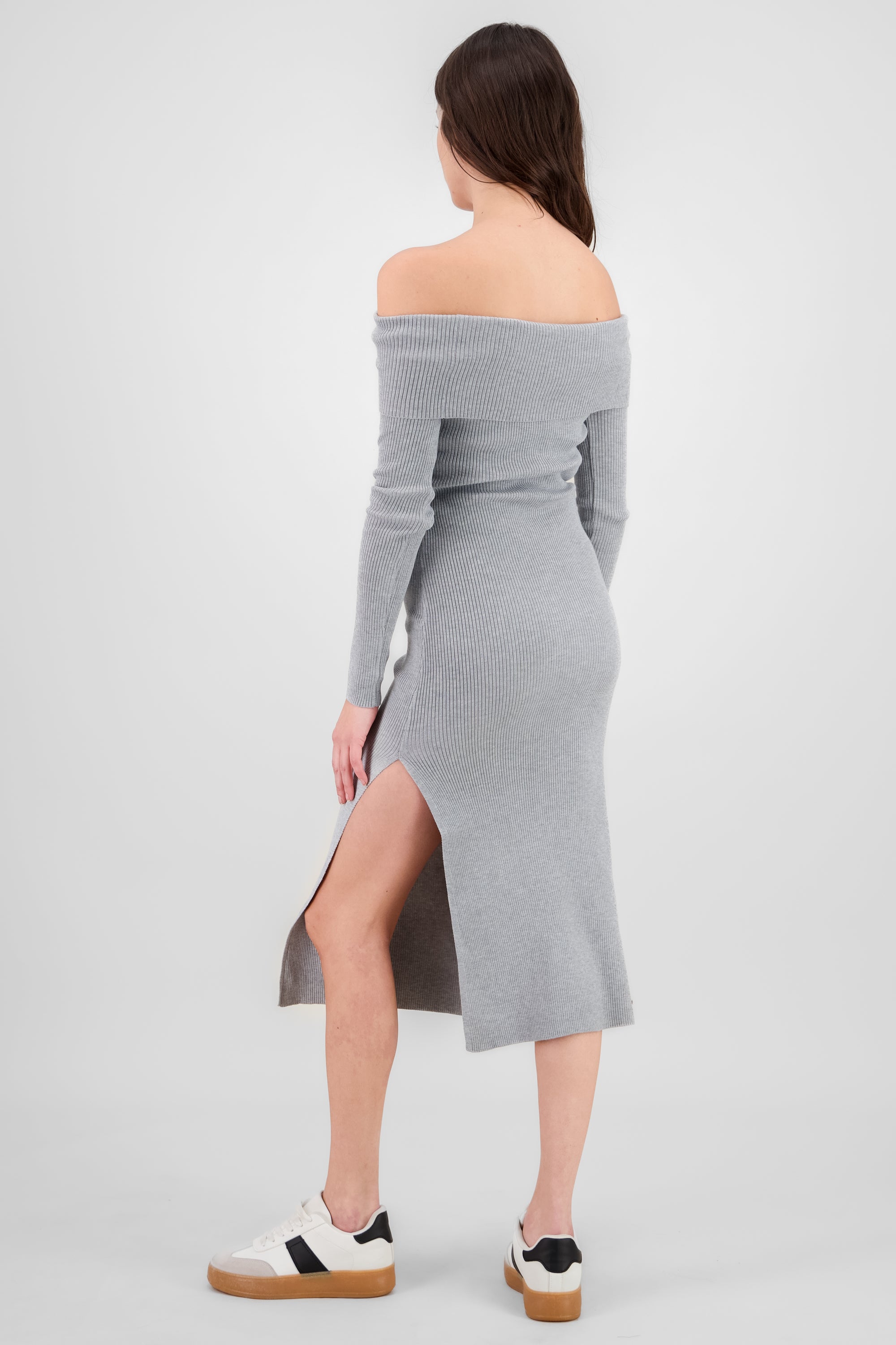 Vestido maxi sin hombros GRIS JASPE