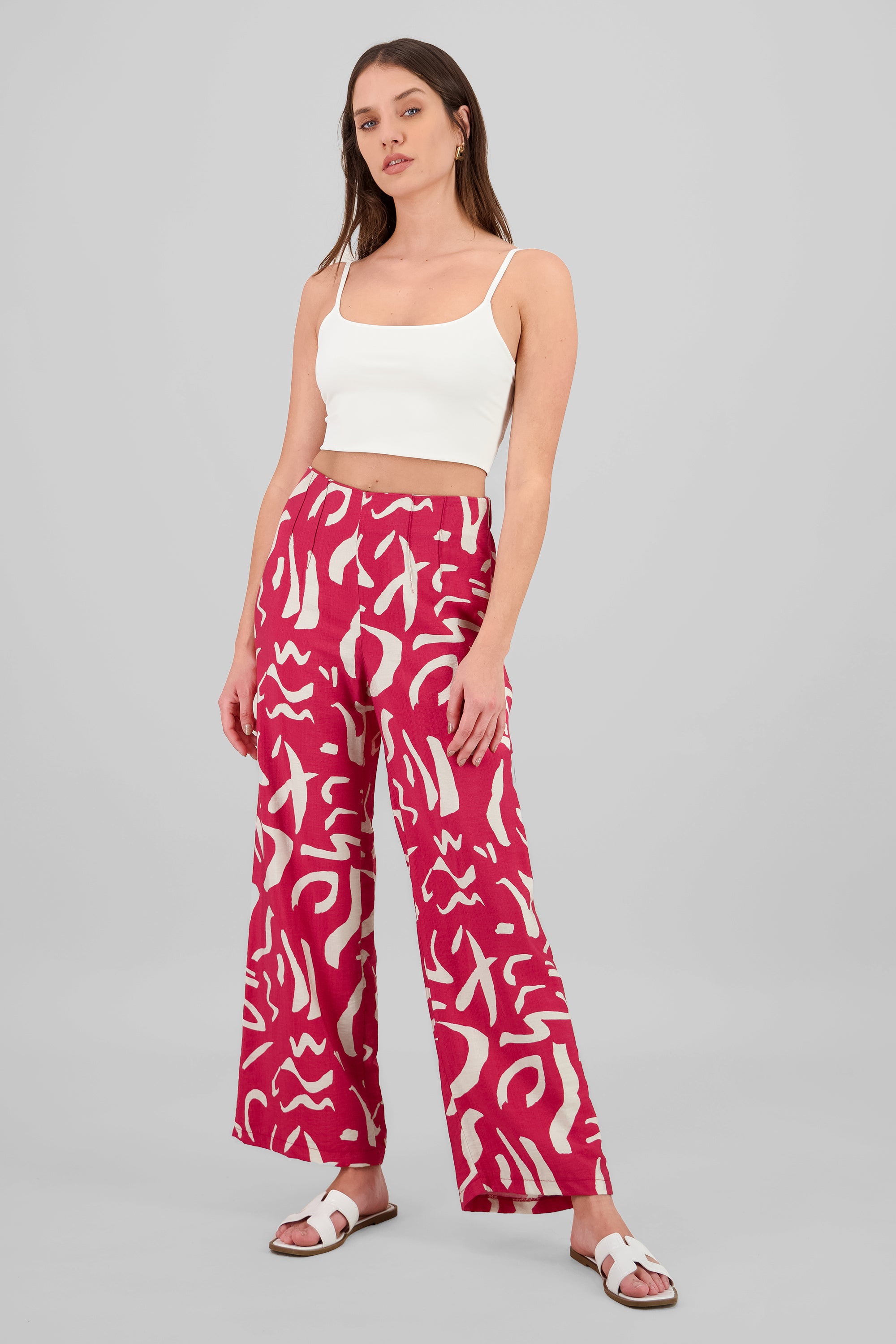 Pantalon wide leg estampado detalle pinzas ROJO COMBO