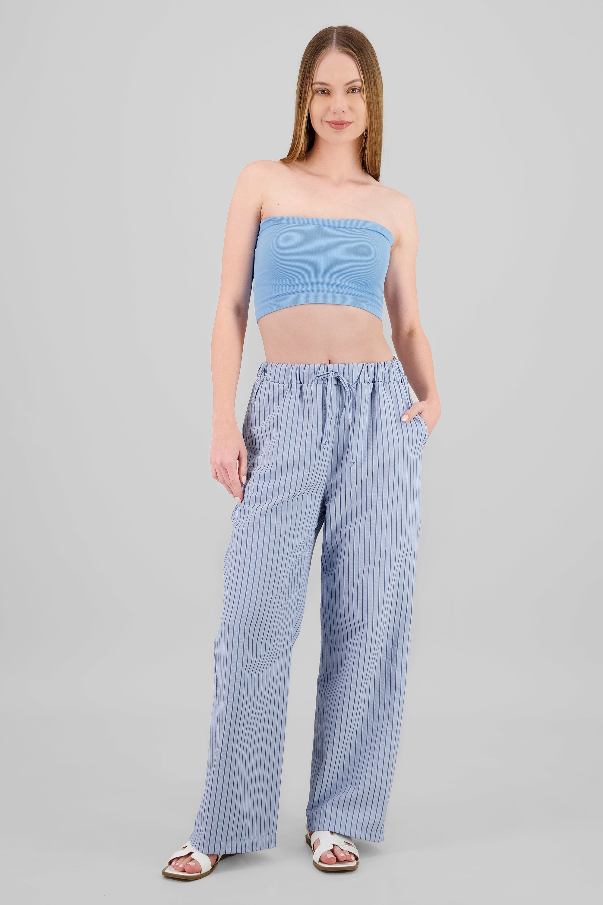Pantalon amplio rayas detalle bolsas AZUL