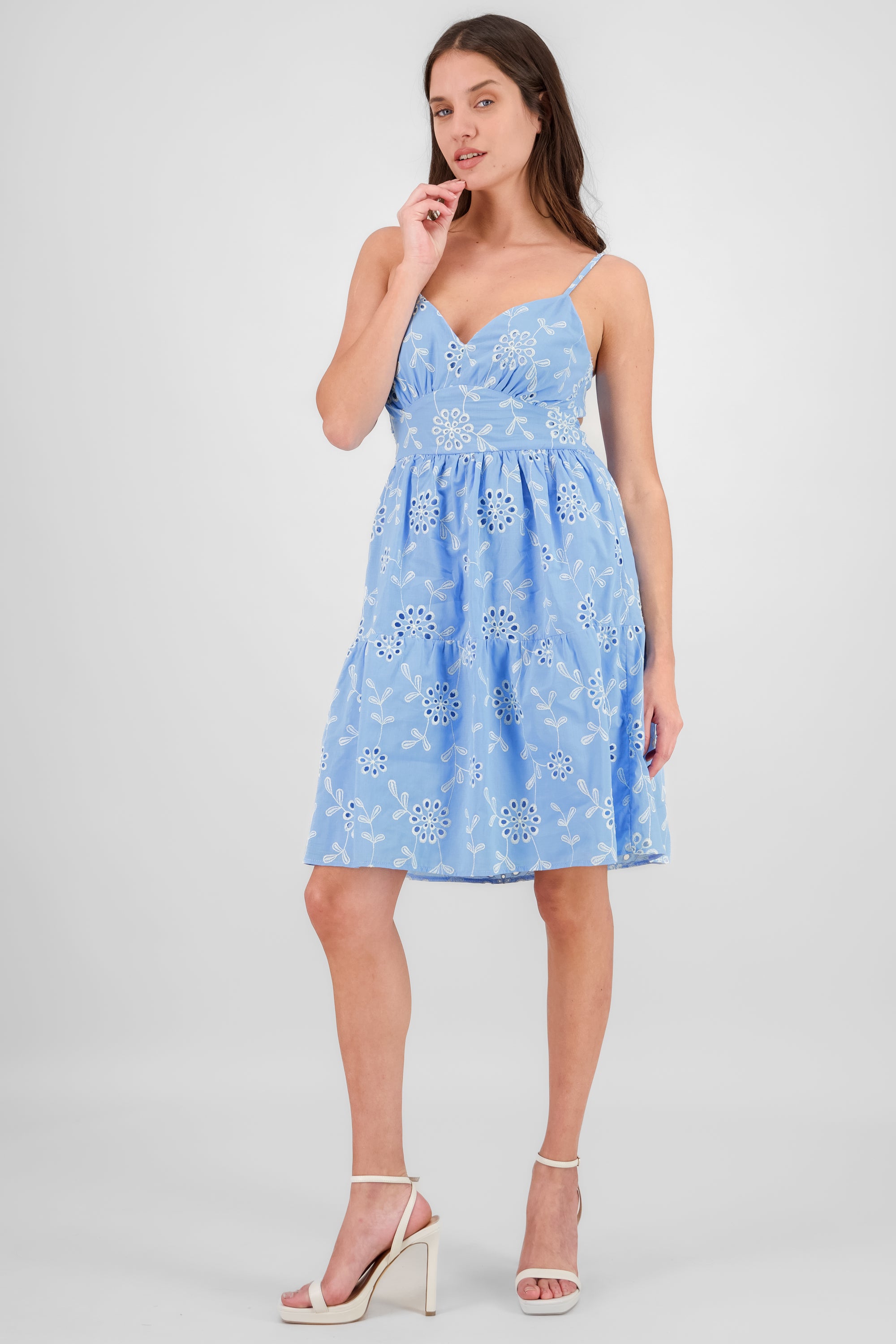 Vestido mini tirantes detalle bordado flores AZUL COMBO