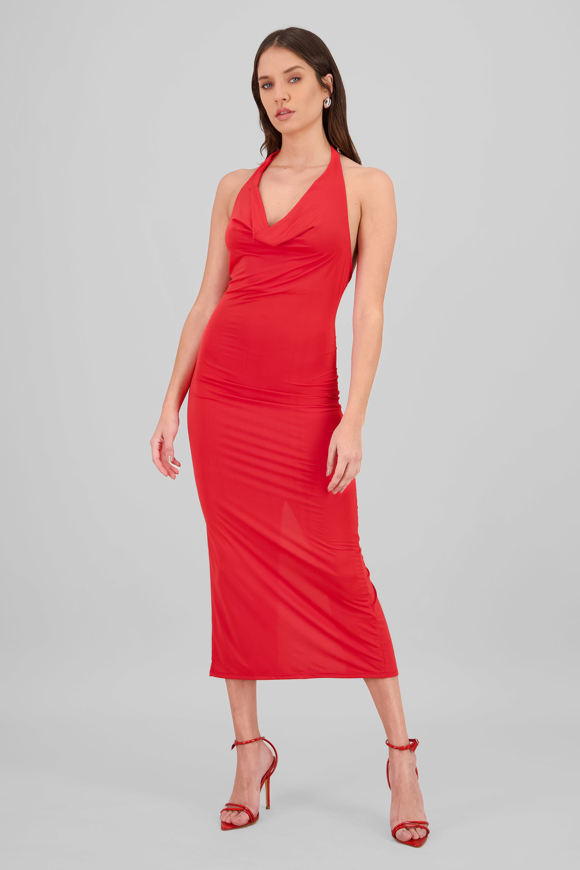 Vestido maxi cuello halter cascada ROJO