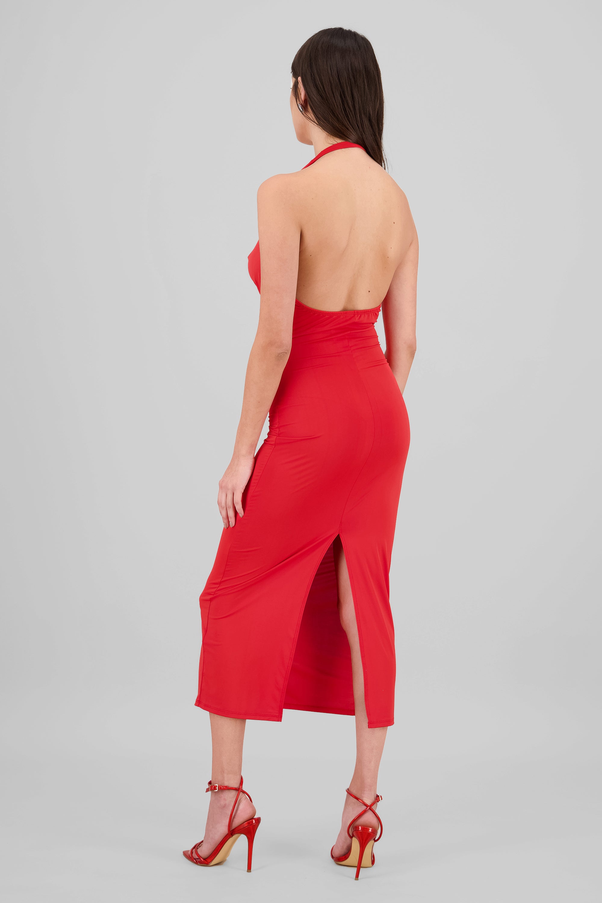 Vestido maxi cuello halter cascada ROJO