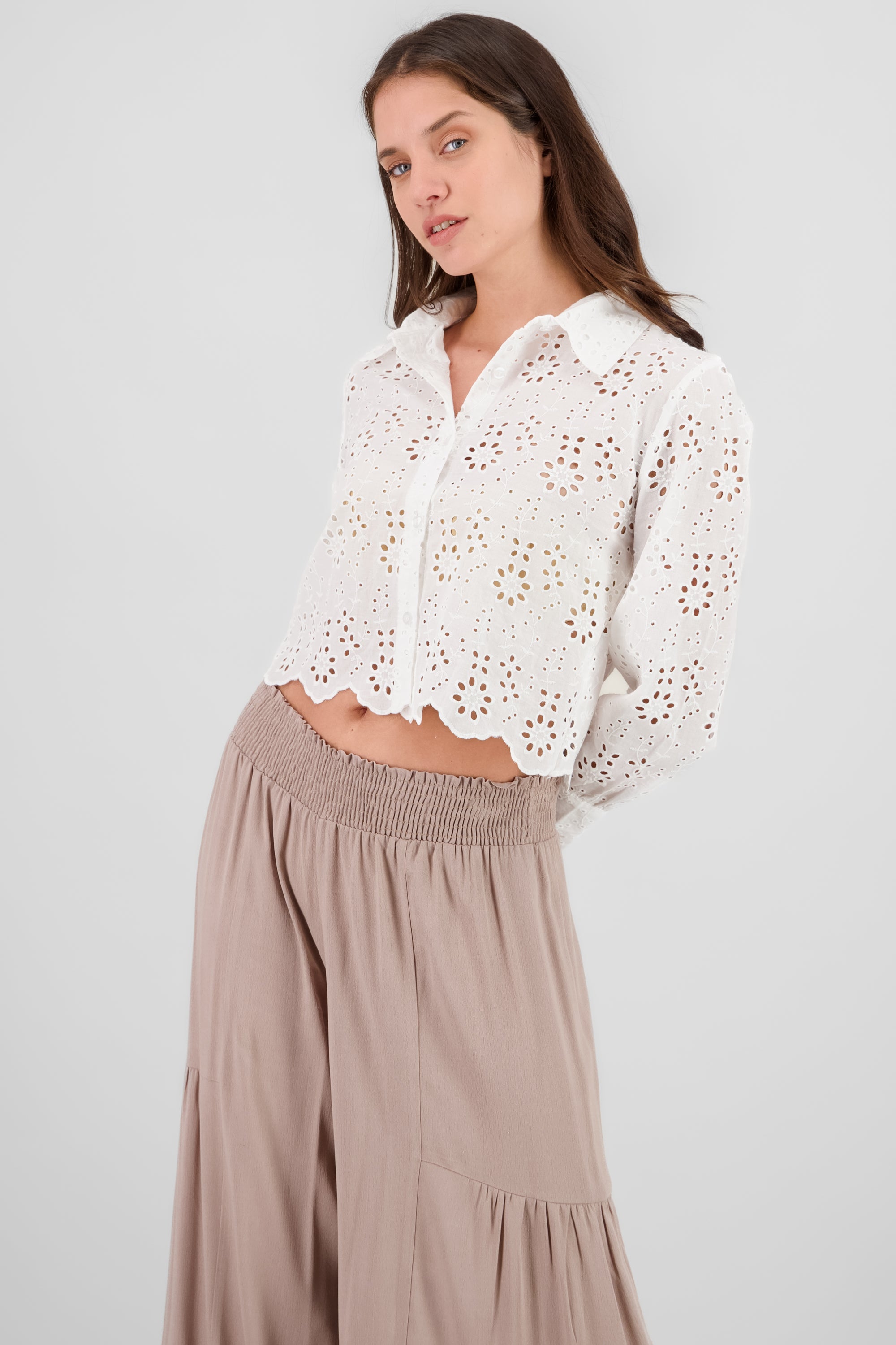 Camisa con detalle de eyelet BLANCO