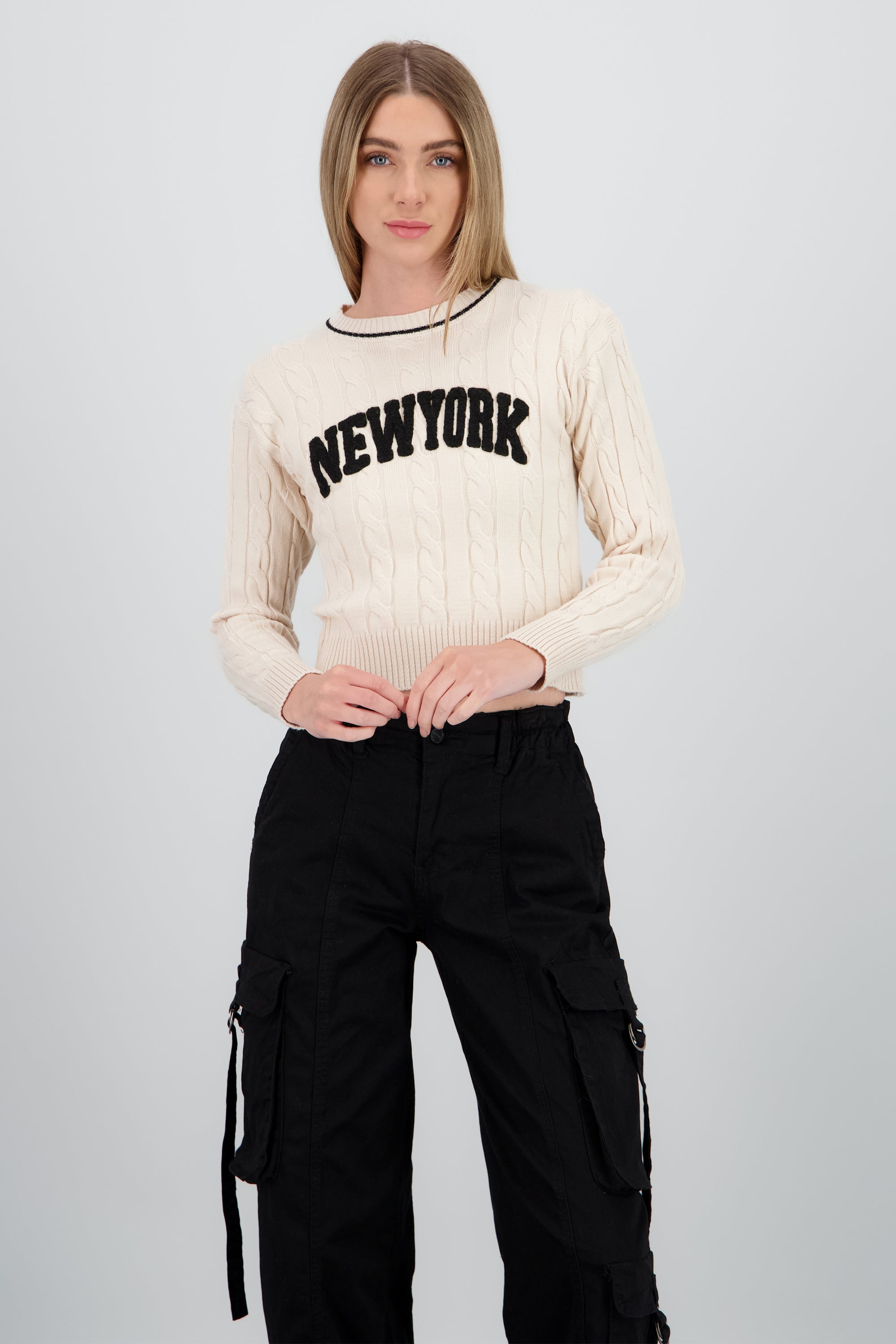 Sueter de tacto suave new york HUESO COMBO