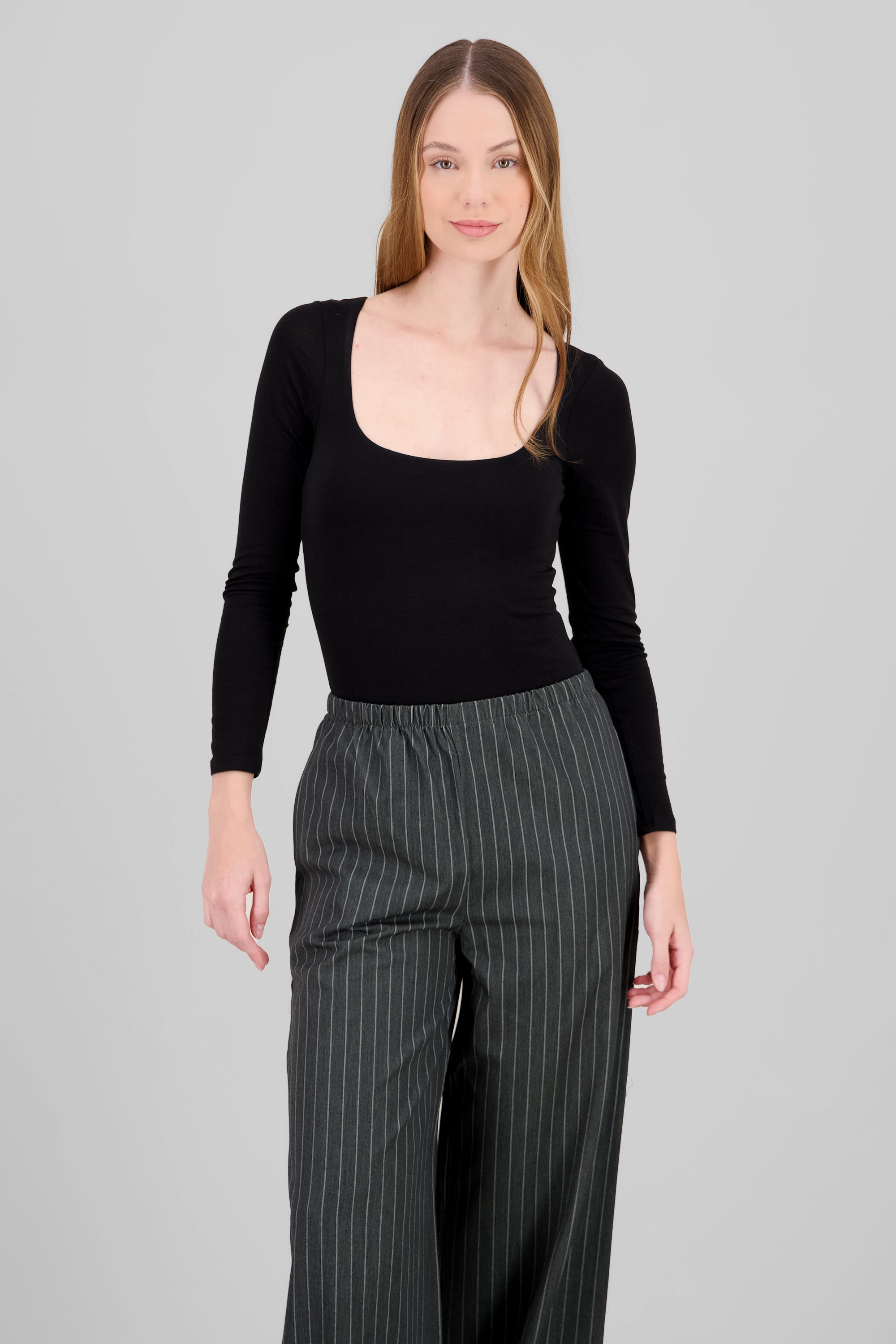 Top doble tela escote cuadrado manga larga NEGRO