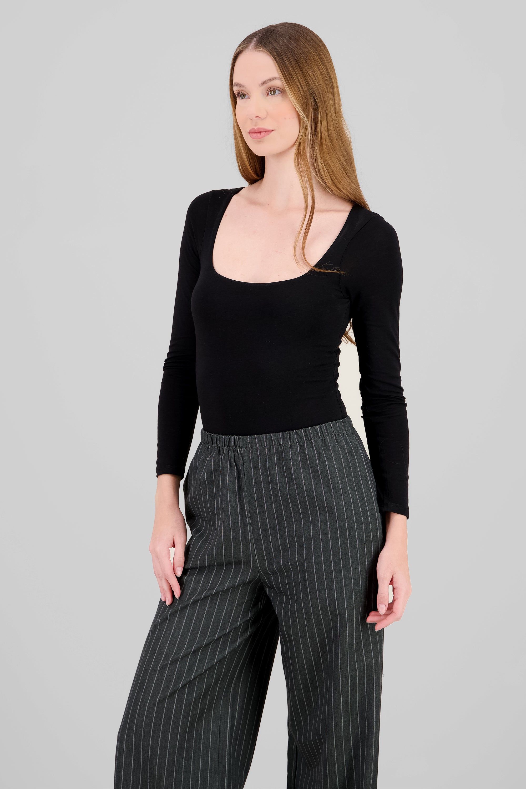 Top doble tela escote cuadrado manga larga NEGRO