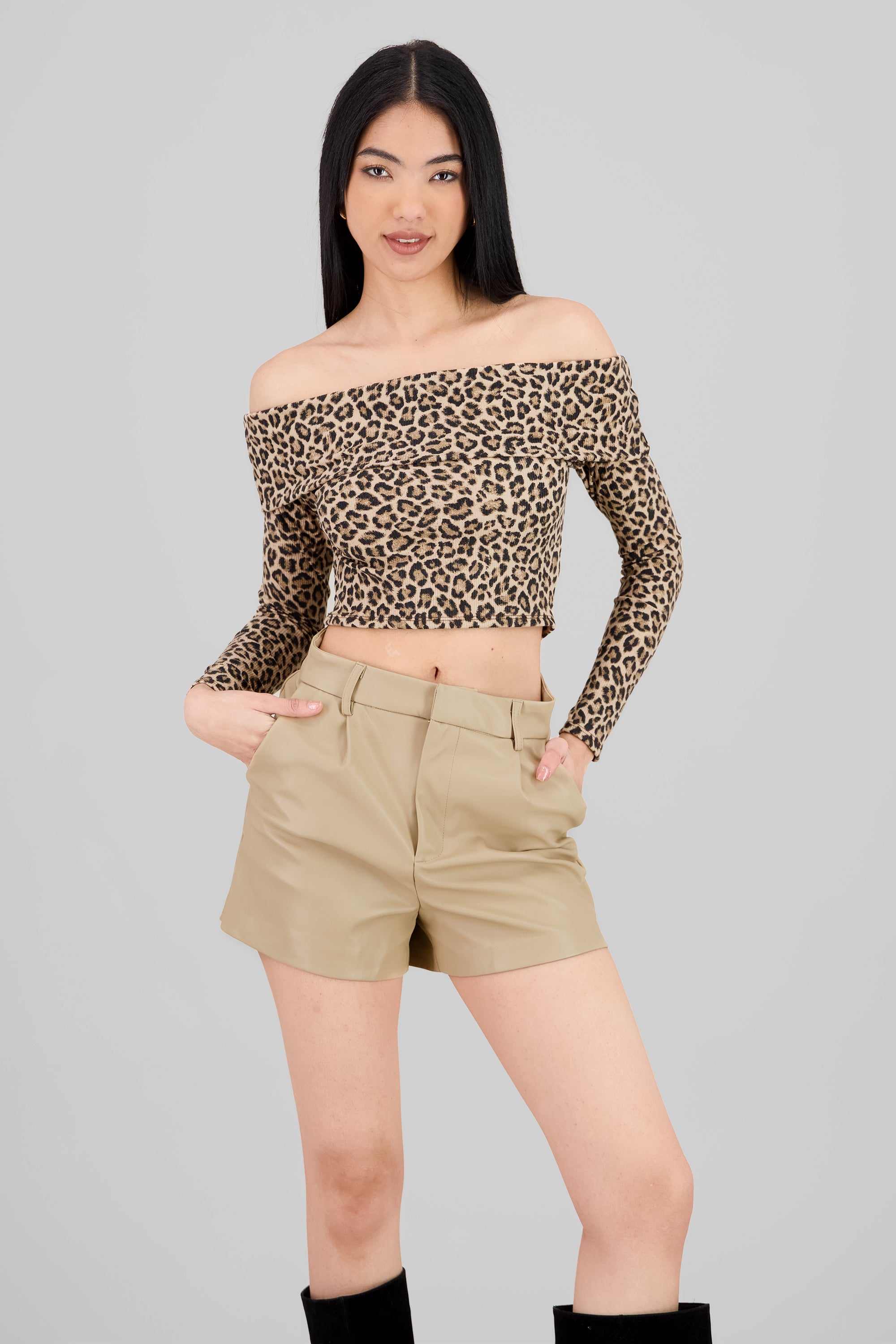 Top off shoulder leopardo manga larga CAFE COMBO