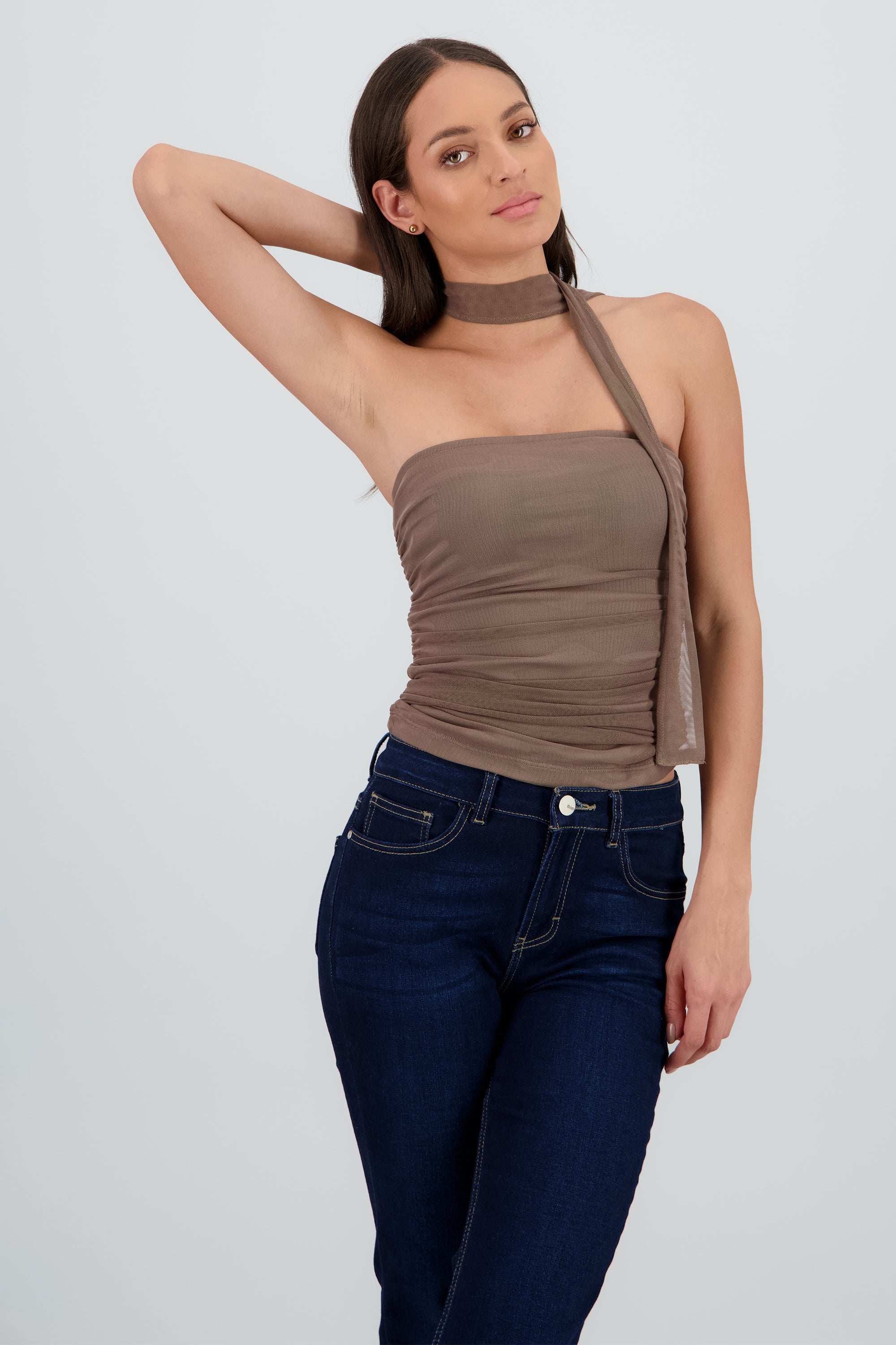 Top tubo drapeado mesh TAUPE