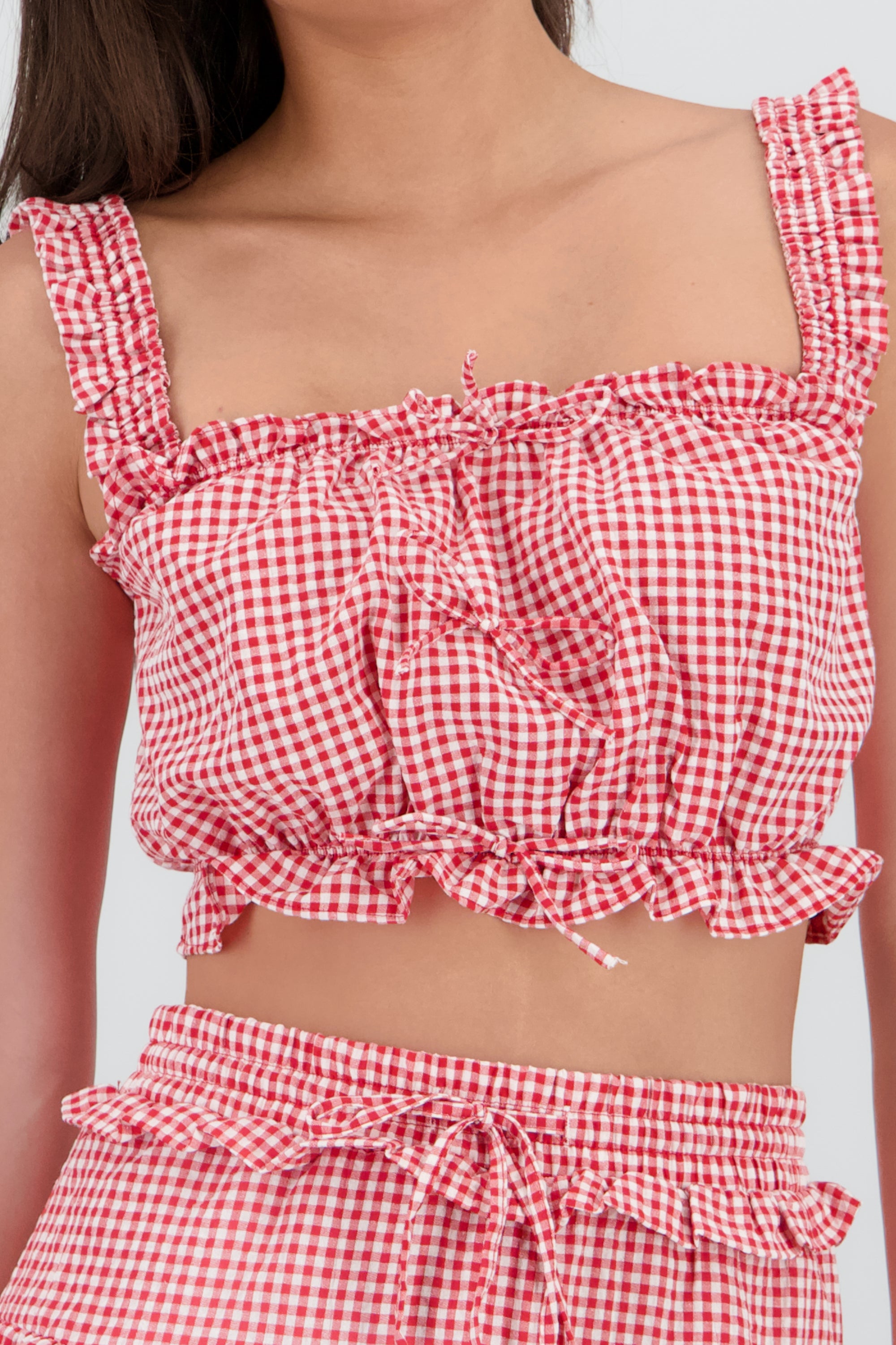 Top corto moños estampado cuadros ROJO COMBO