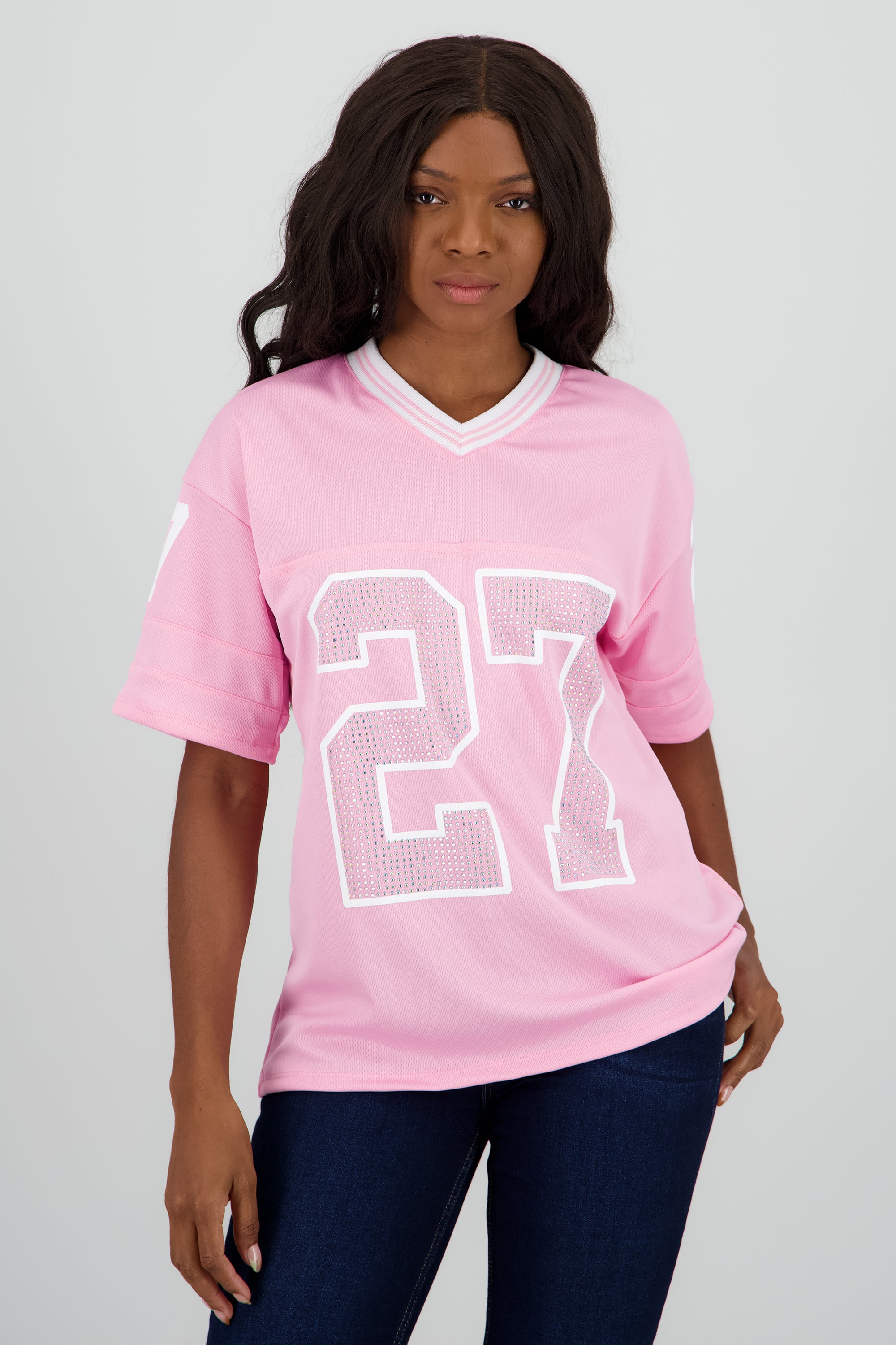 Playera deportiva numero brillos ROSA PASTEL