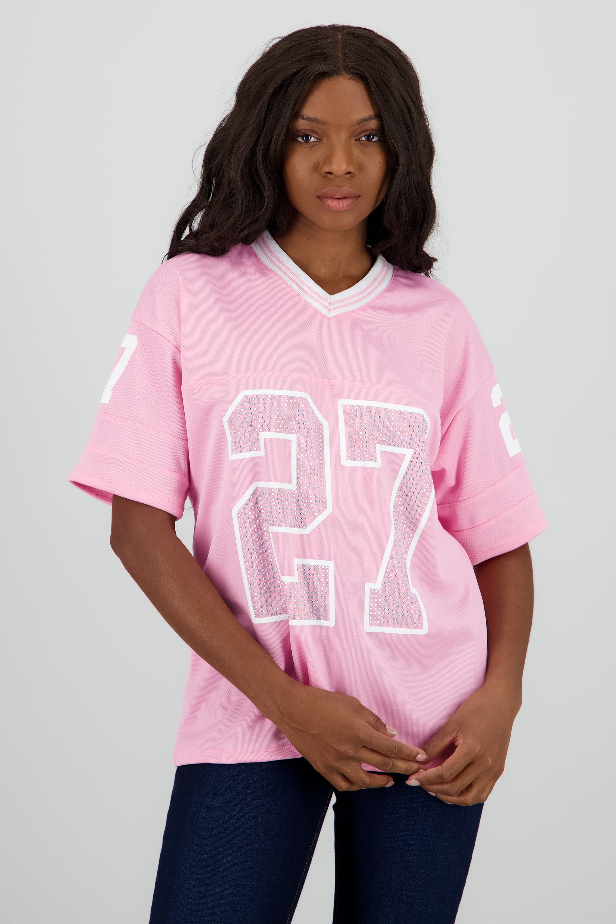Playera deportiva numero brillos ROSA PASTEL