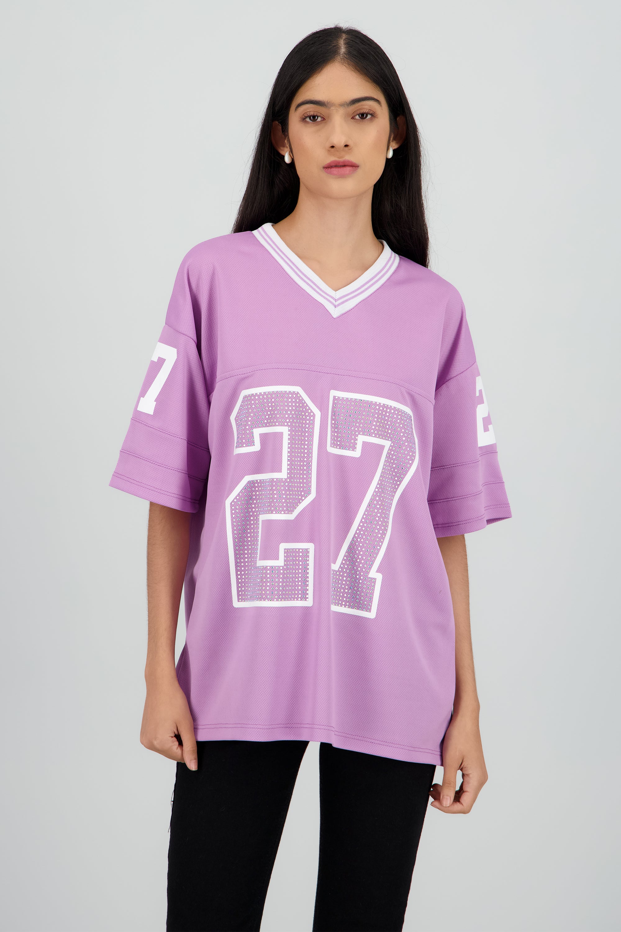 Playera deportiva numero brillos LAVANDA