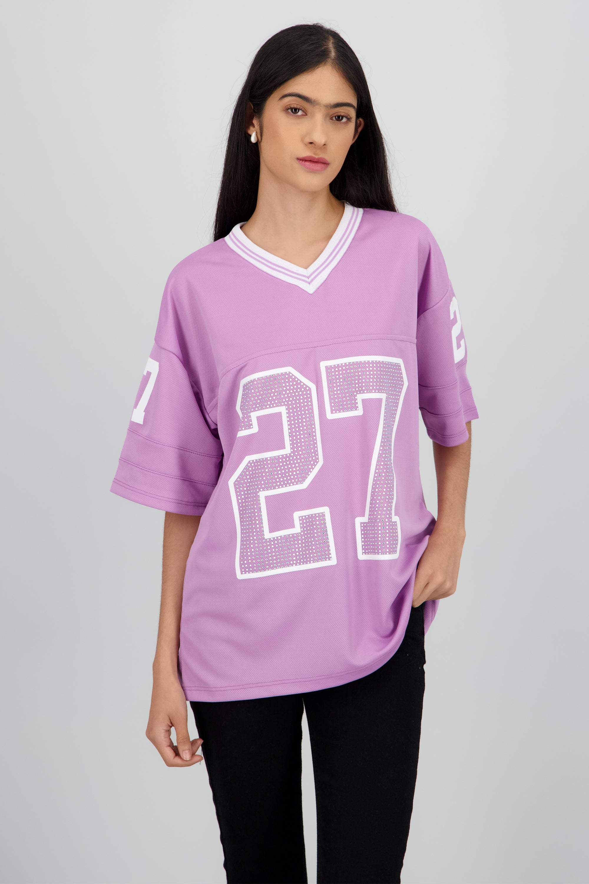 Playera deportiva numero brillos LAVANDA