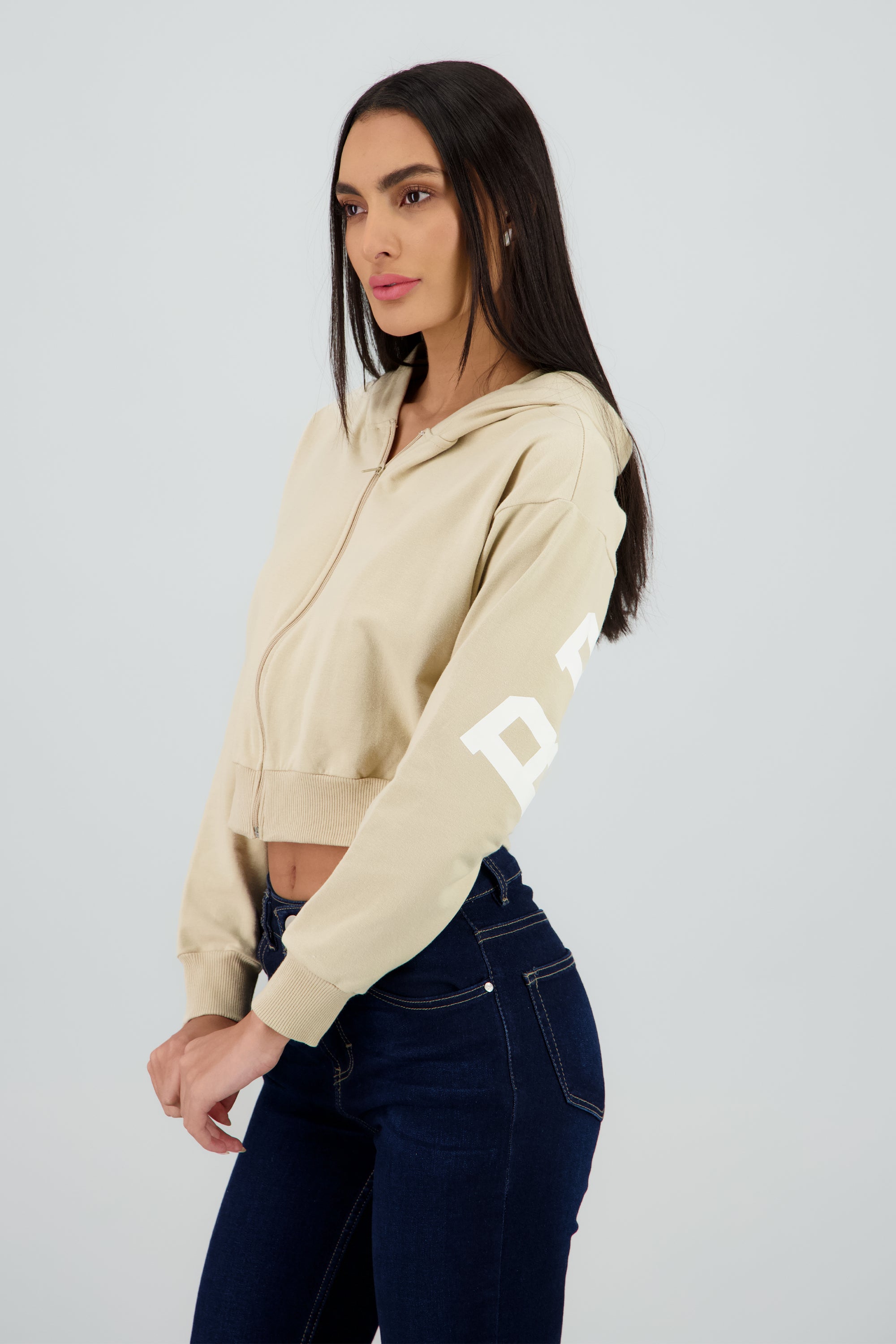 Sudadera crop cierre estampado espalda BEIGE