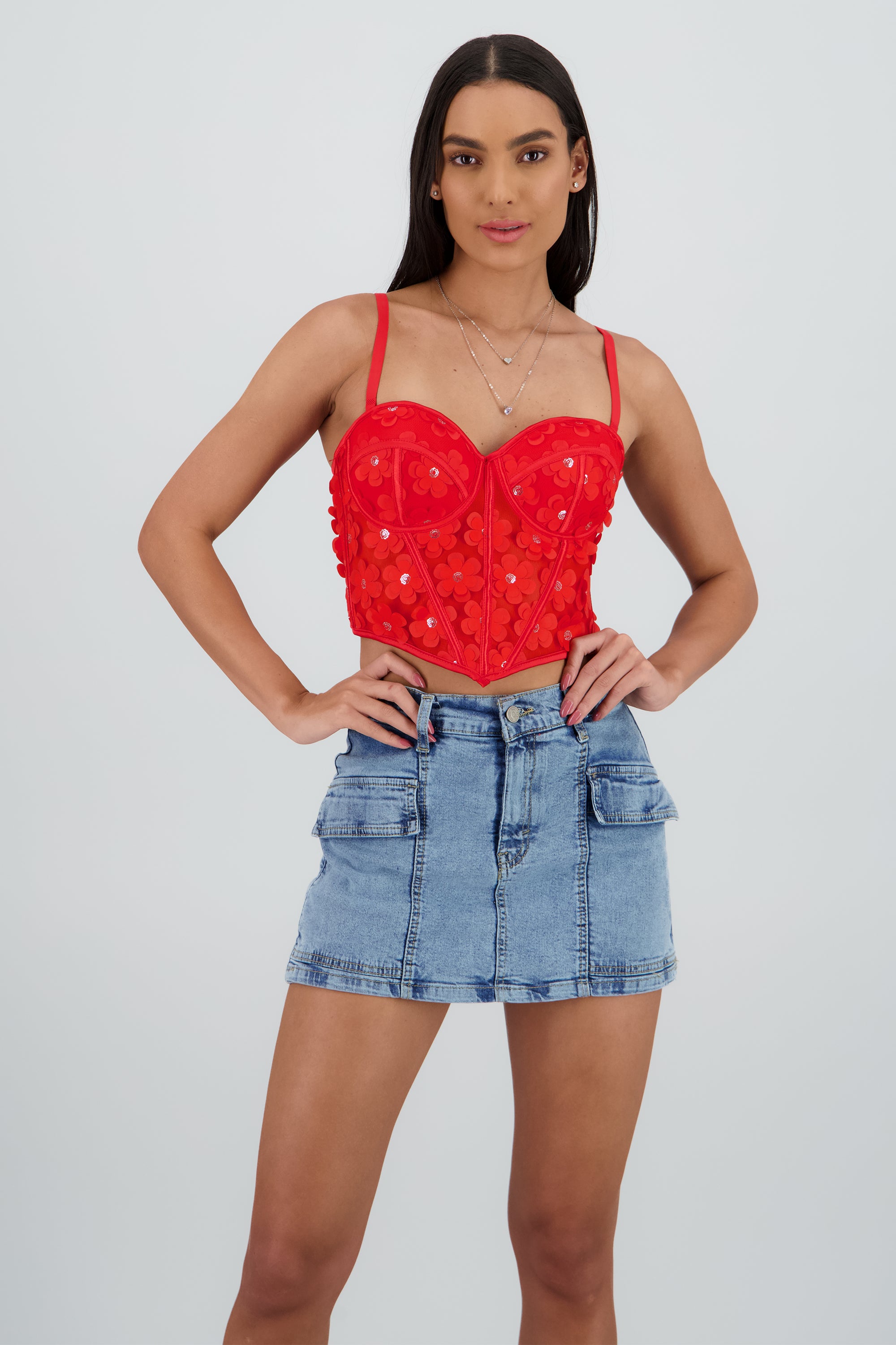 Corset varillas detalle flores ROJO