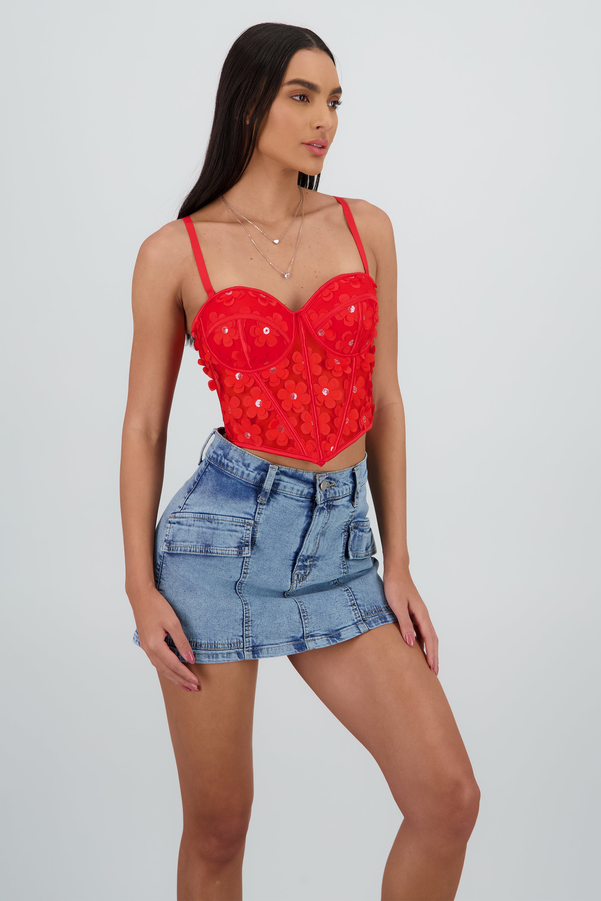 Corset varillas detalle flores ROJO