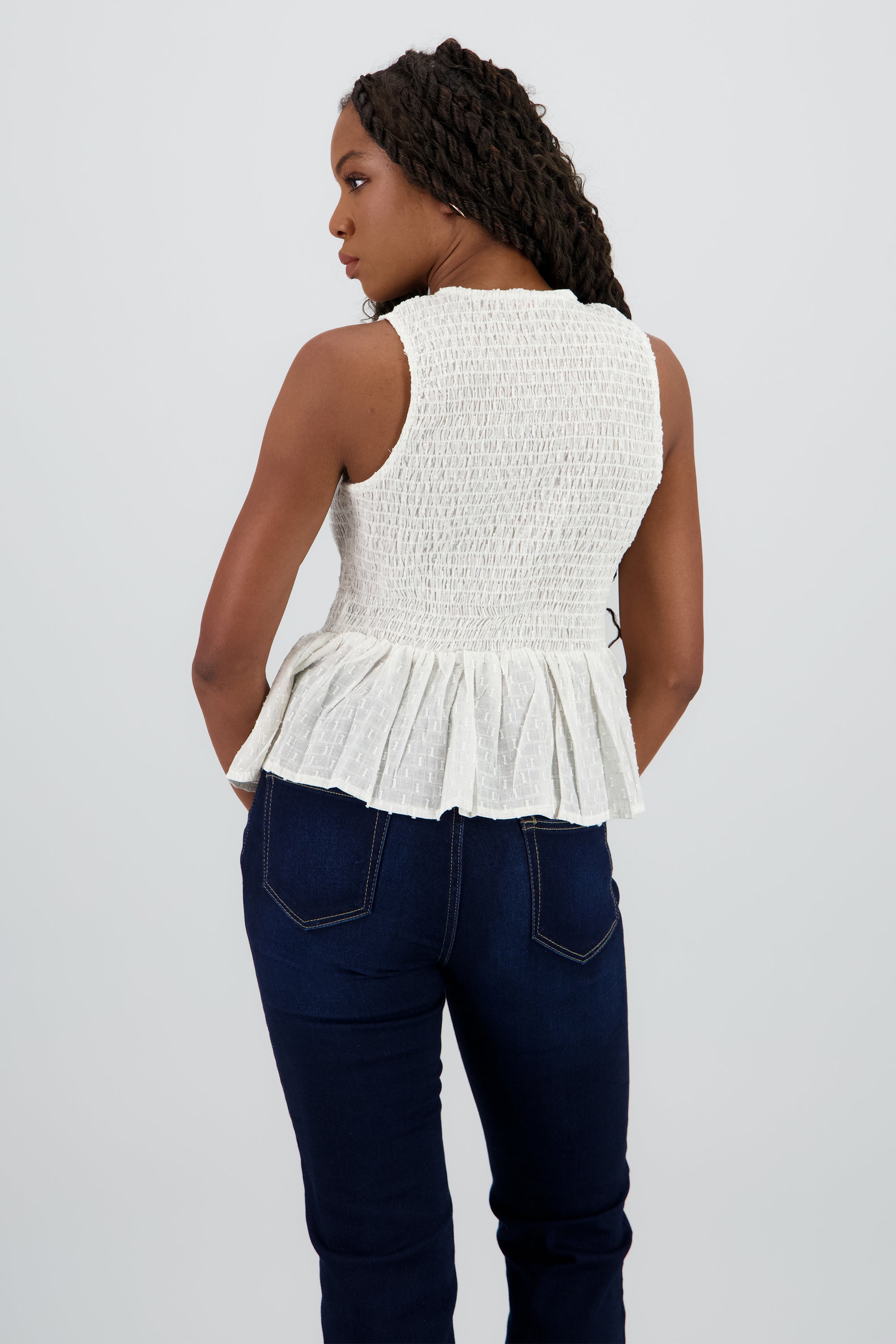 Blusa textura con moños sin mangas BLANCO