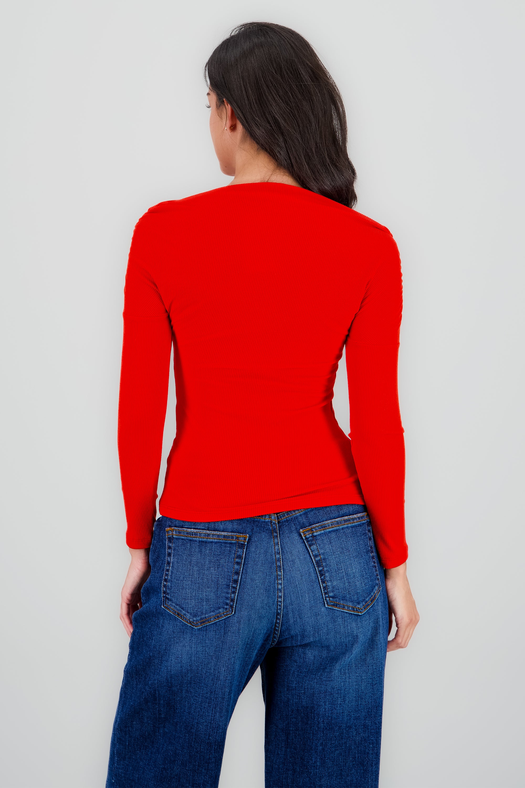 Blusa manga larga fruncida escote barco ROJO AMAPOLA