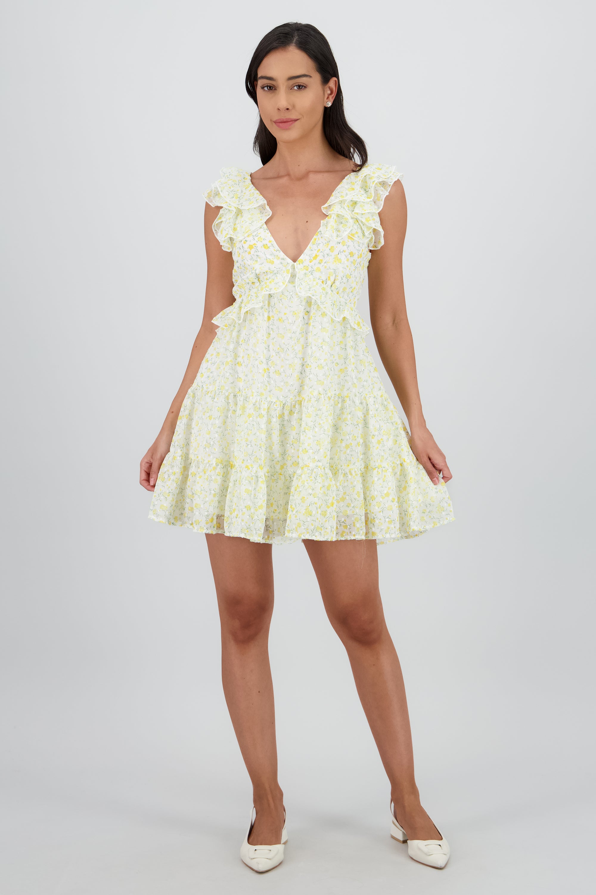 Vestido mini con olanes en tirantes AMARILLO