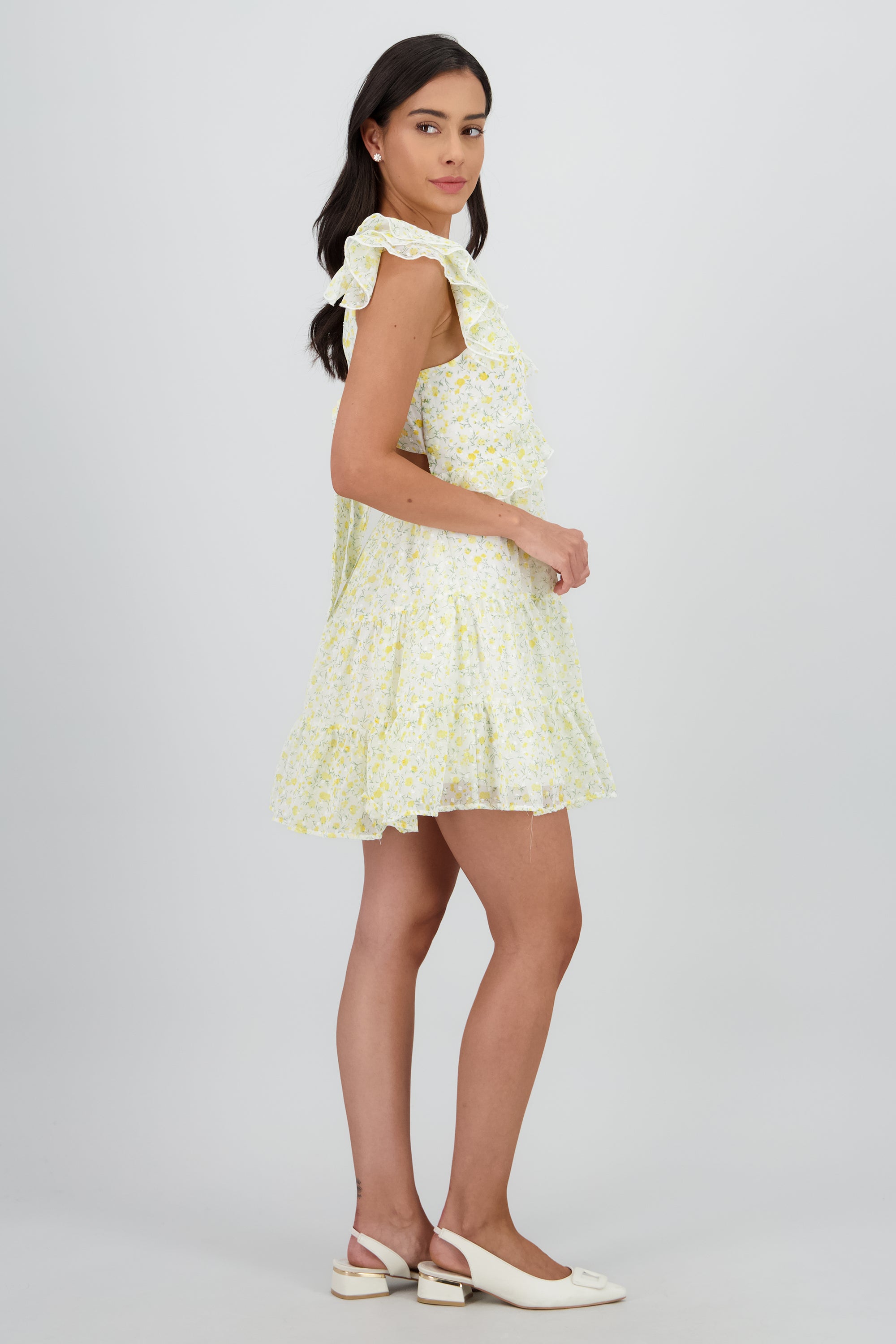 Vestido mini con olanes en tirantes AMARILLO