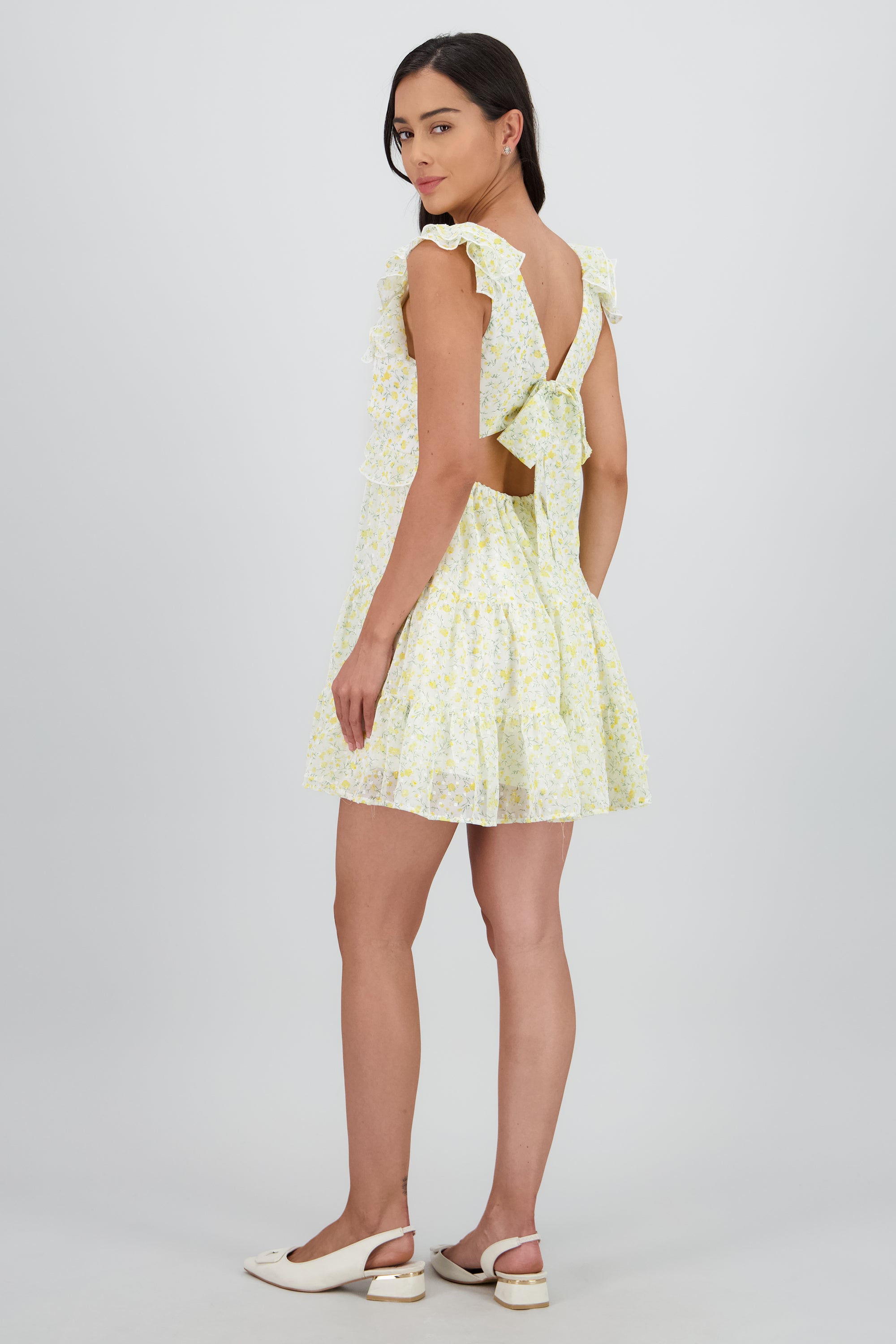 Vestido mini con olanes en tirantes AMARILLO