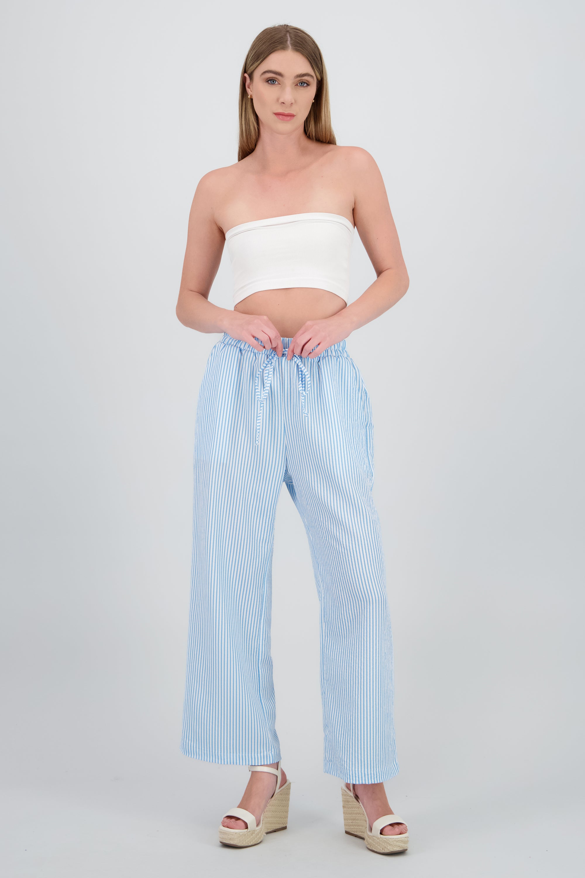 Pantalon amplio detalle resorte rayas AZUL CIELO