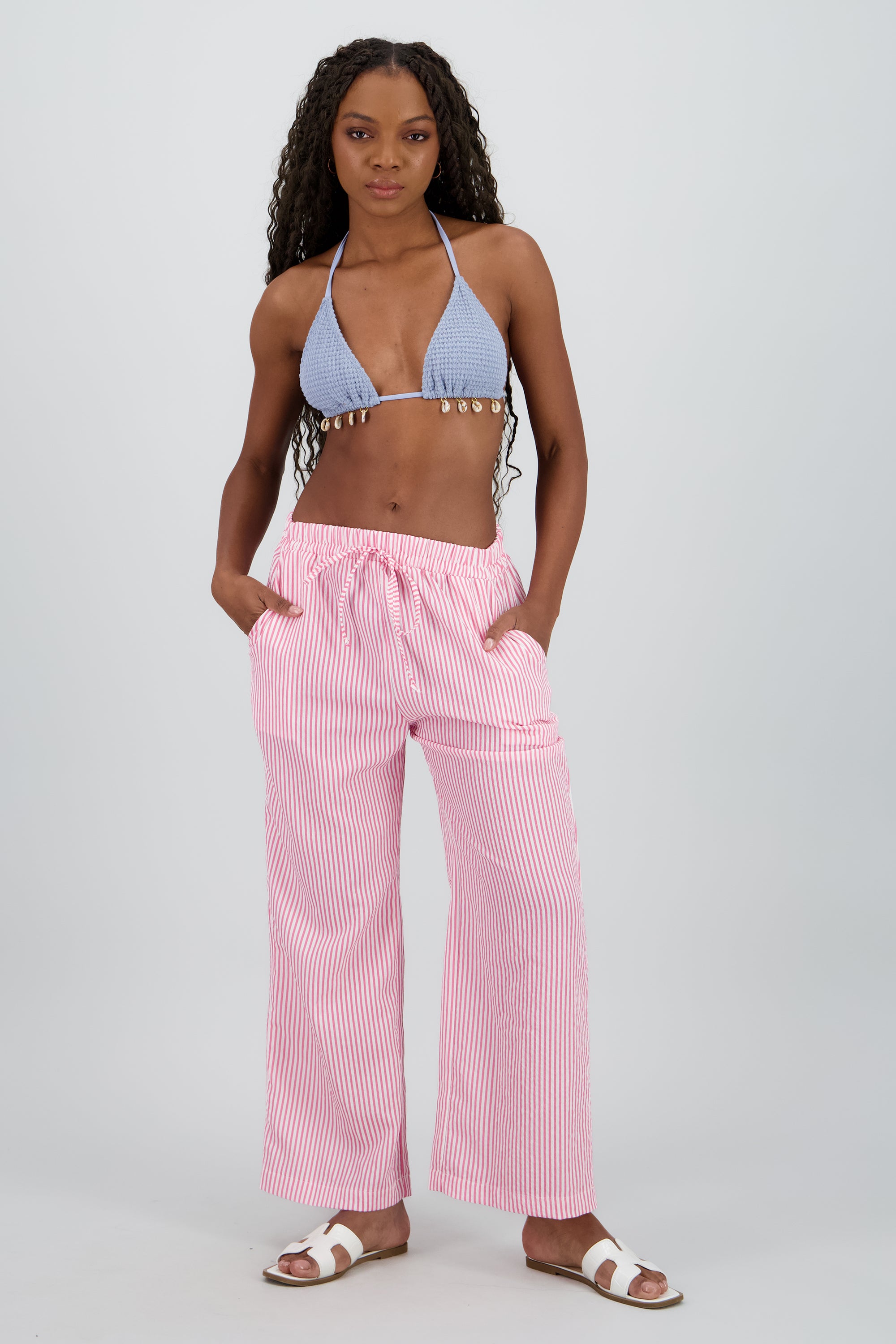 Pantalon amplio detalle resorte rayas ROSA COMBO