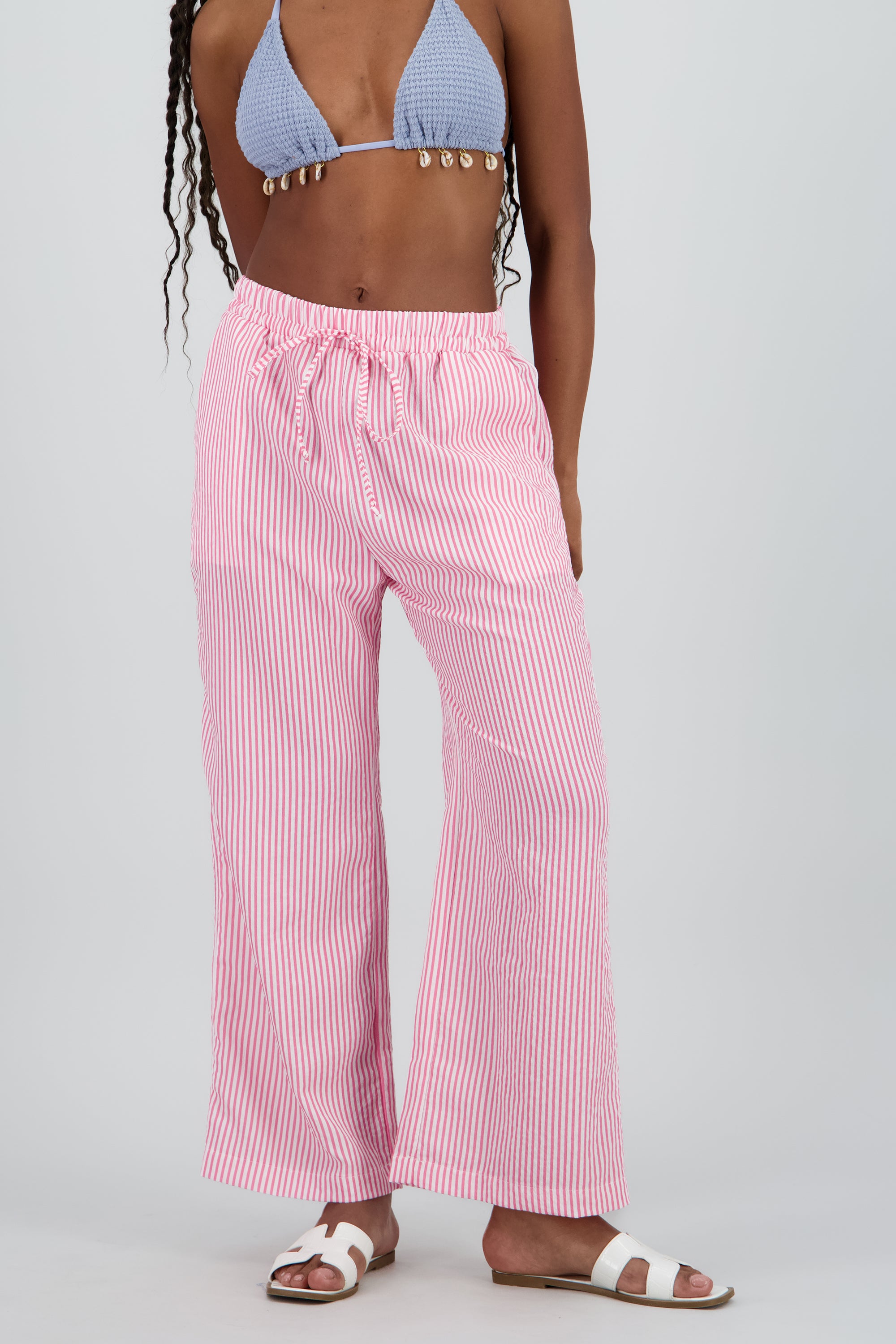 Pantalon amplio detalle resorte rayas ROSA COMBO