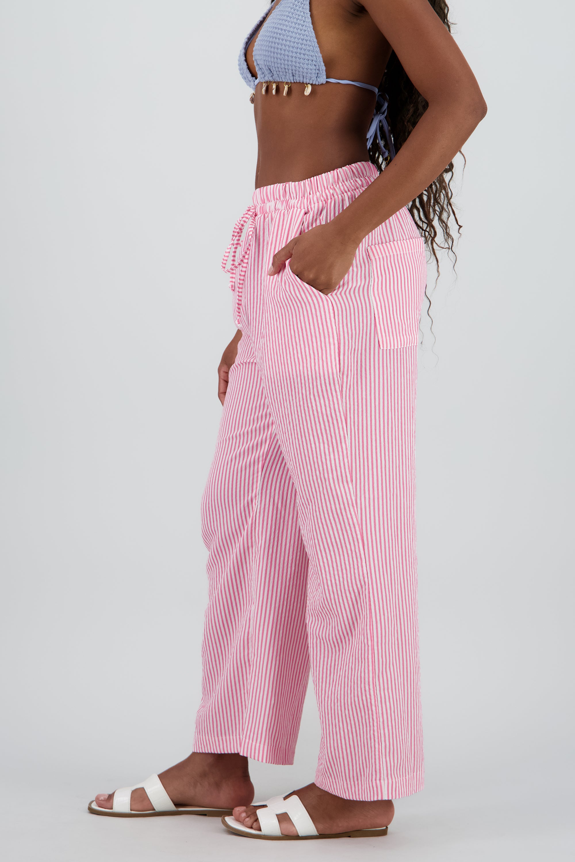 Pantalon amplio detalle resorte rayas ROSA COMBO