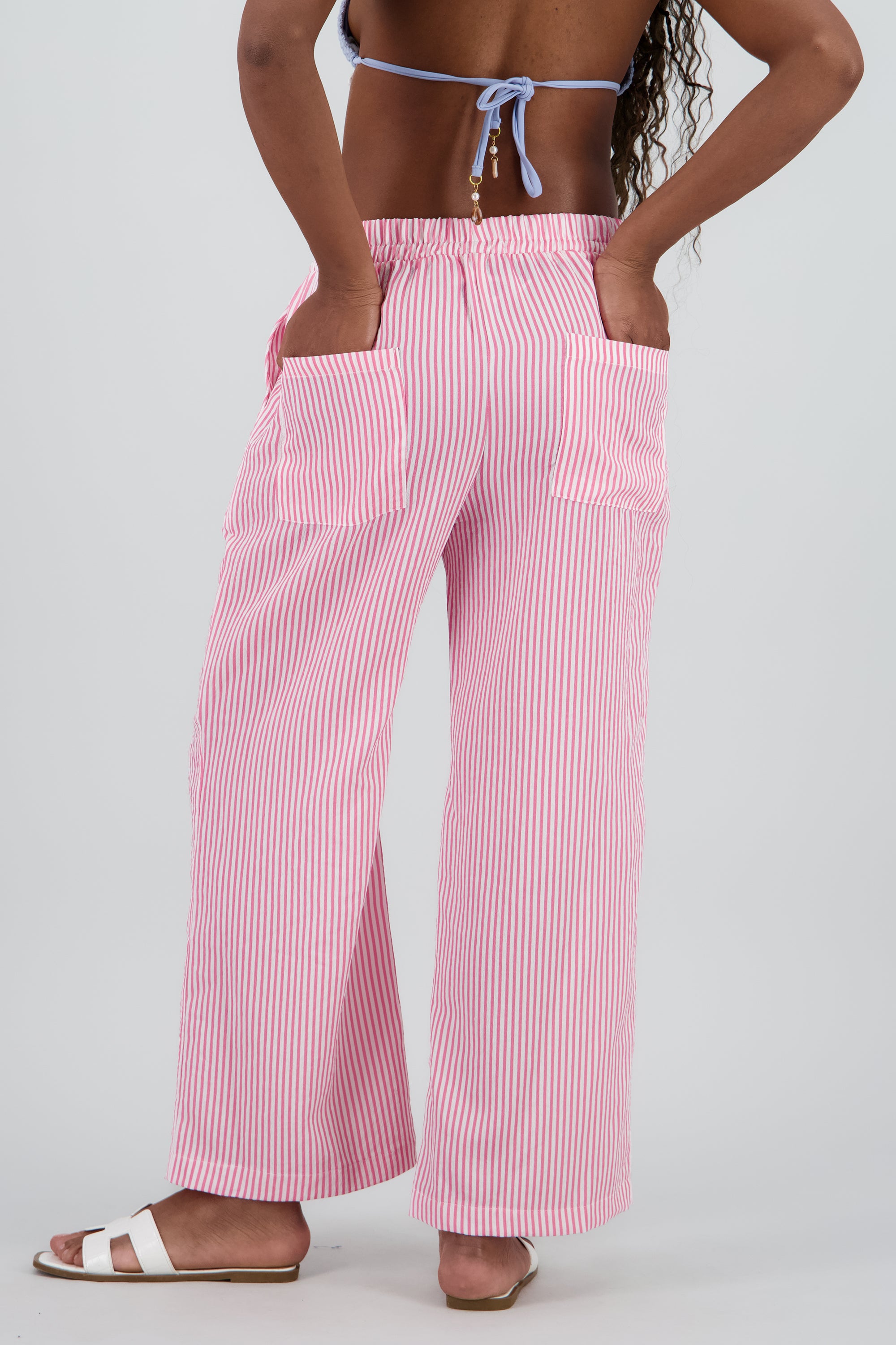 Pantalon amplio detalle resorte rayas ROSA COMBO