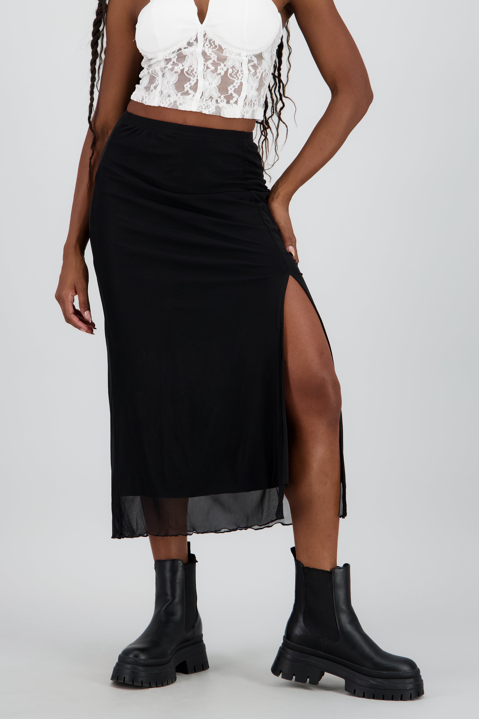 Falda midi mesh abertura NEGRO