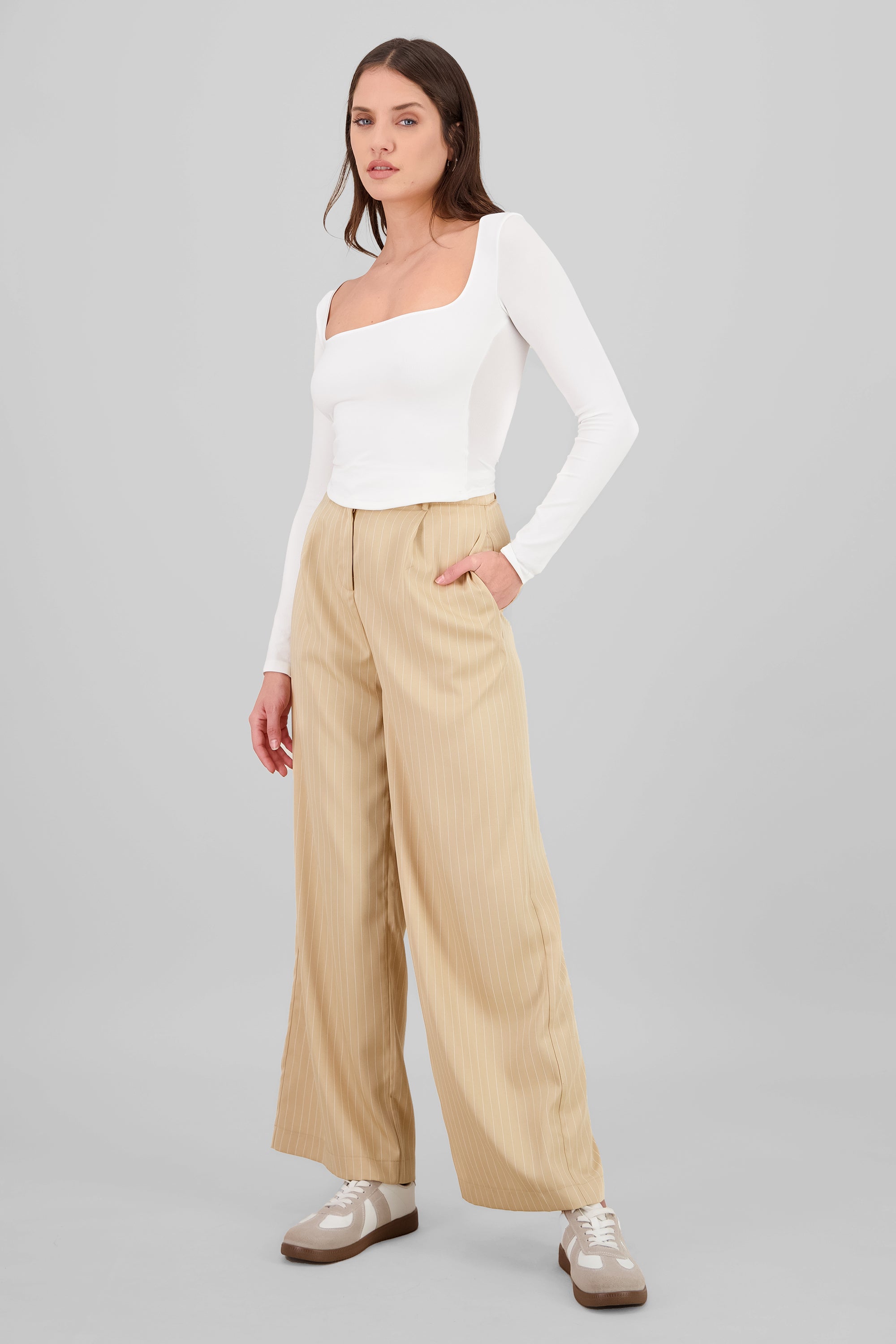 Pantalon rayas doble pretina BEIGE