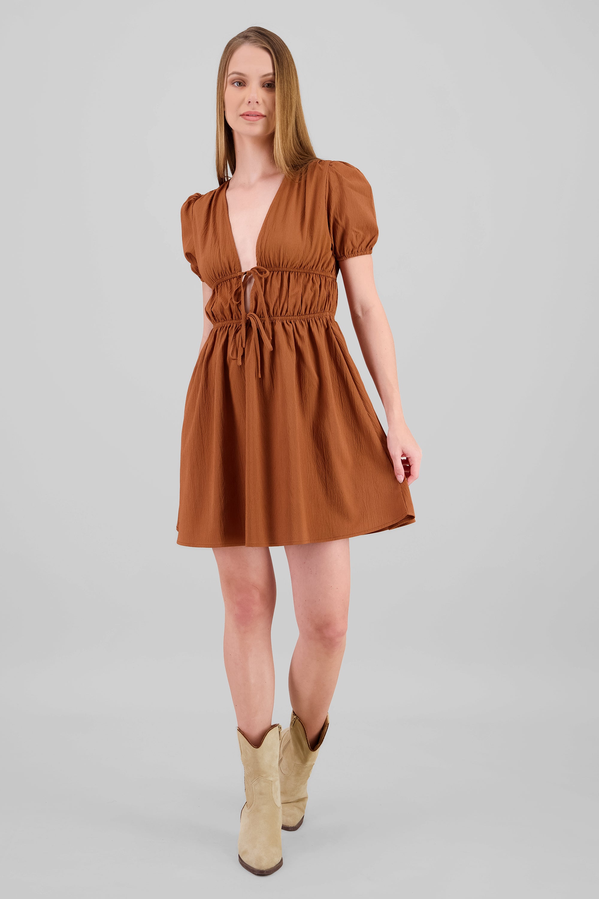 Vestido mini detalle moños LADRILLO