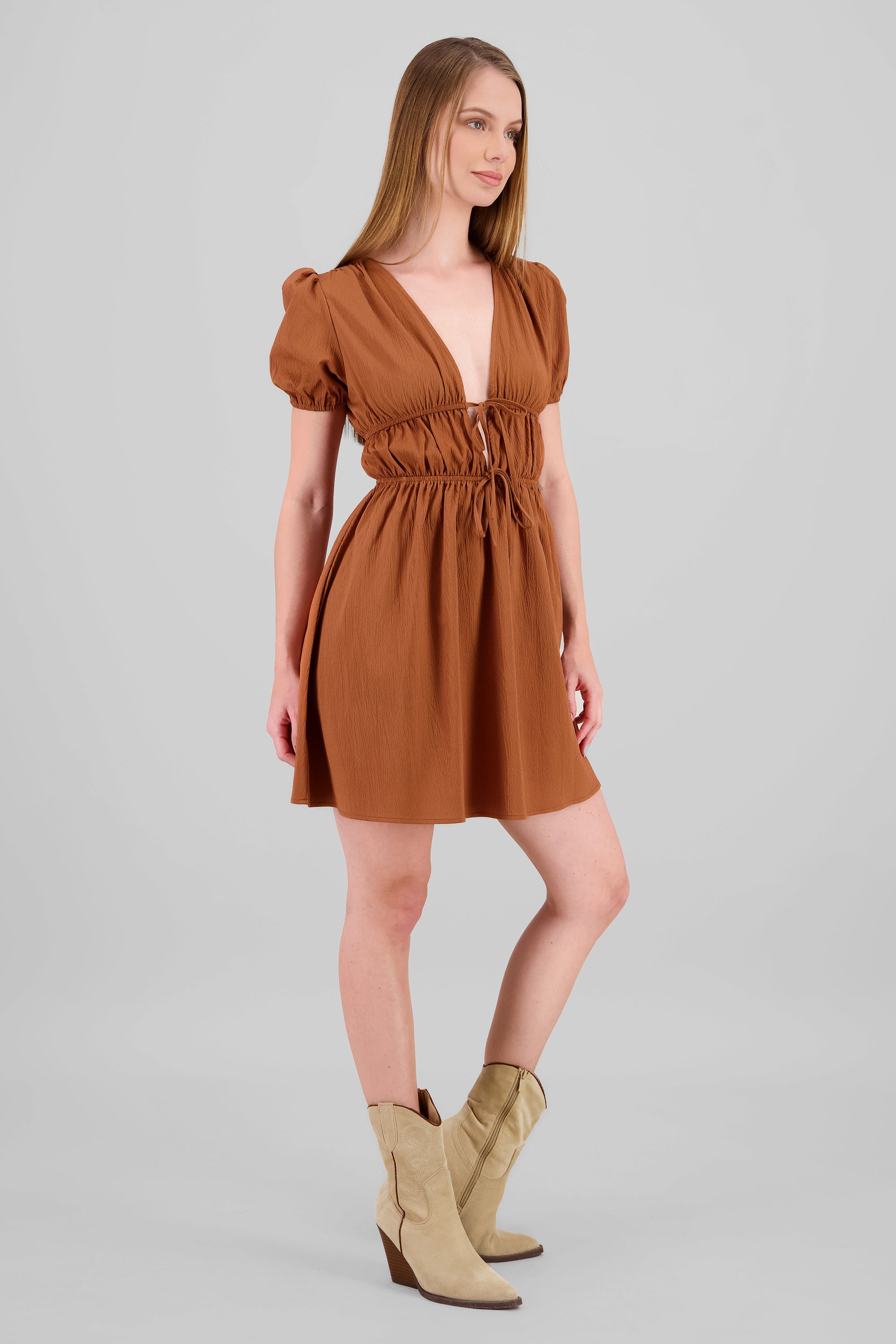 Vestido mini detalle moños LADRILLO