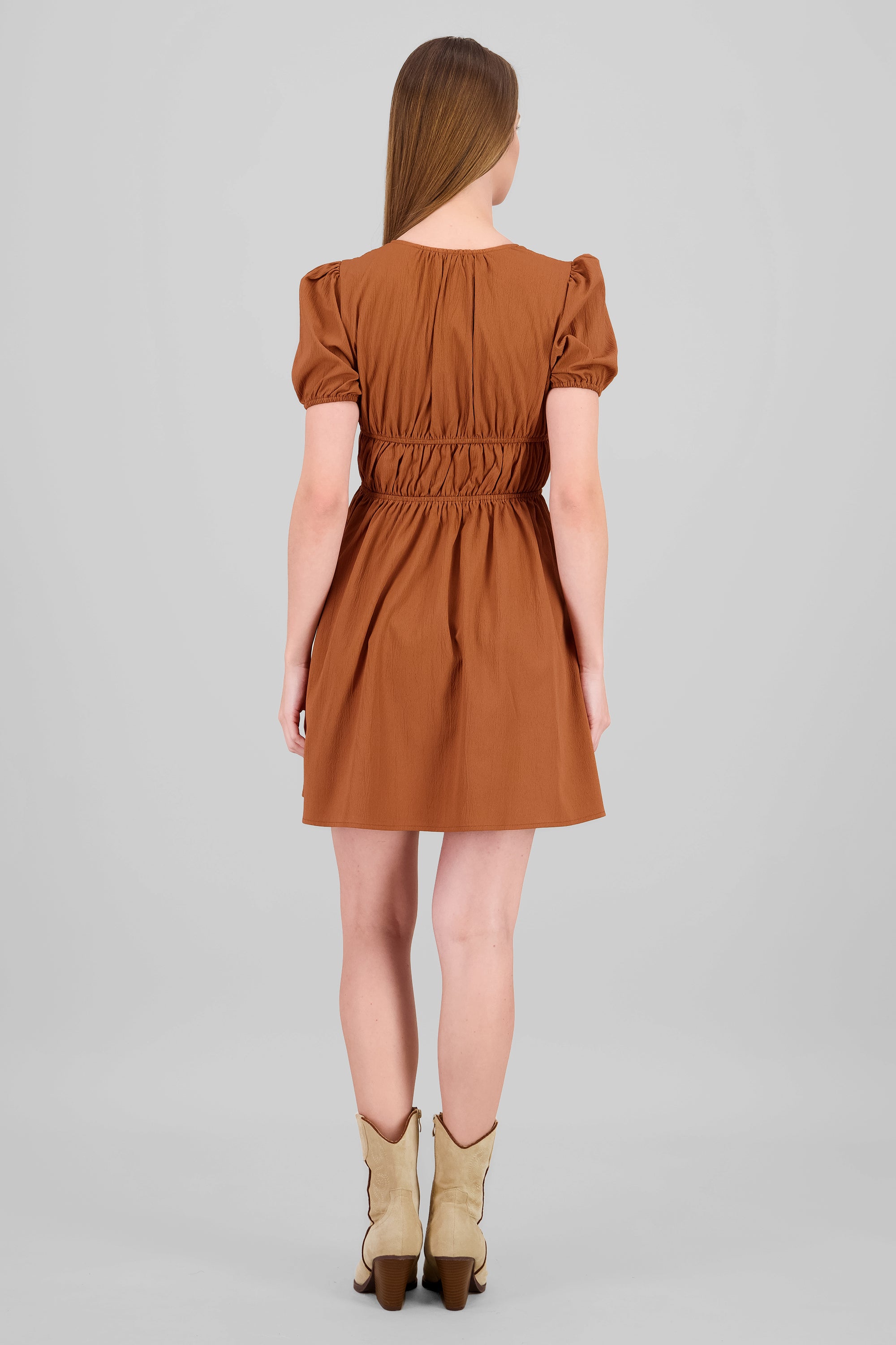 Vestido mini detalle moños LADRILLO