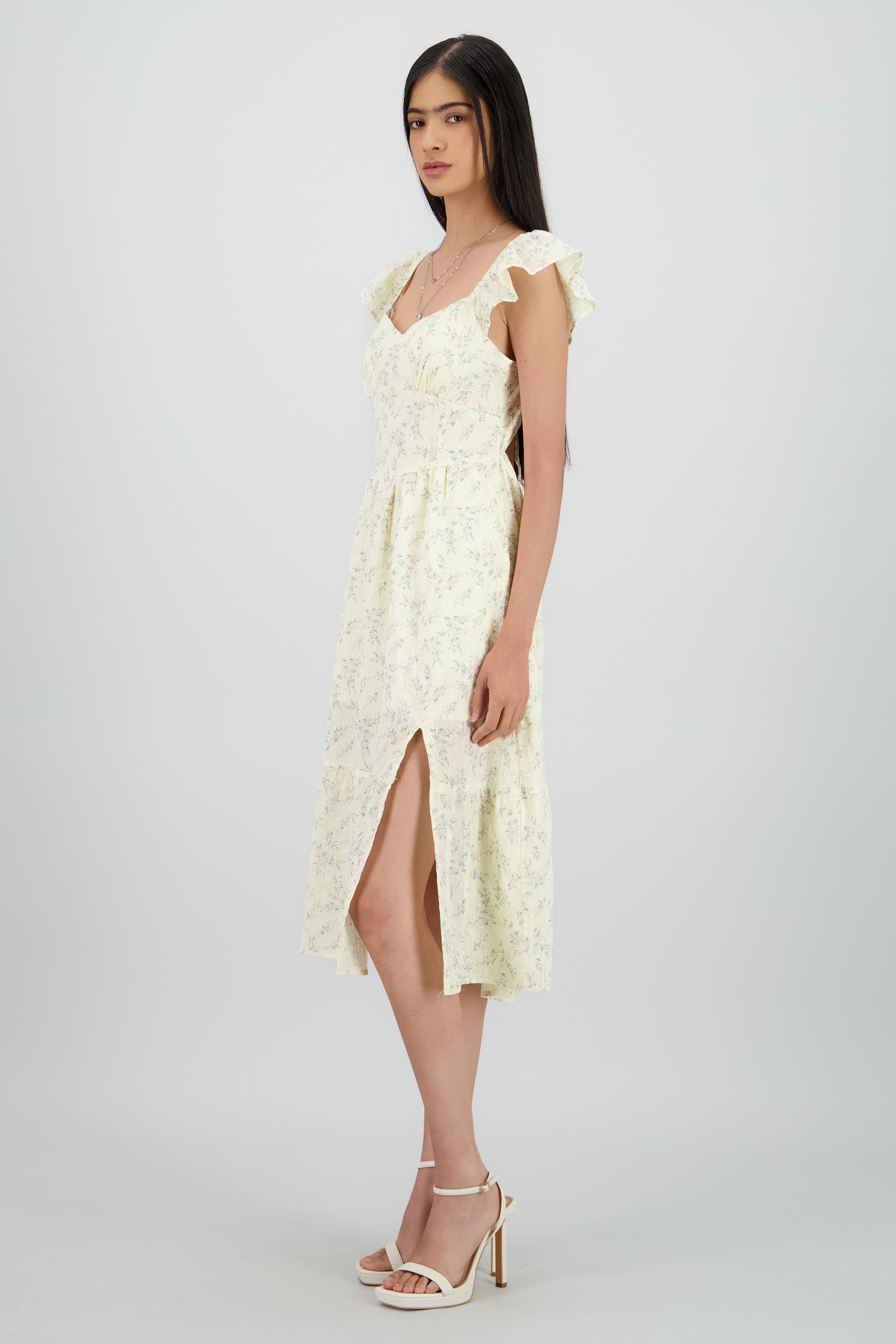 Vestido midi flores con copas ROSA COMBO