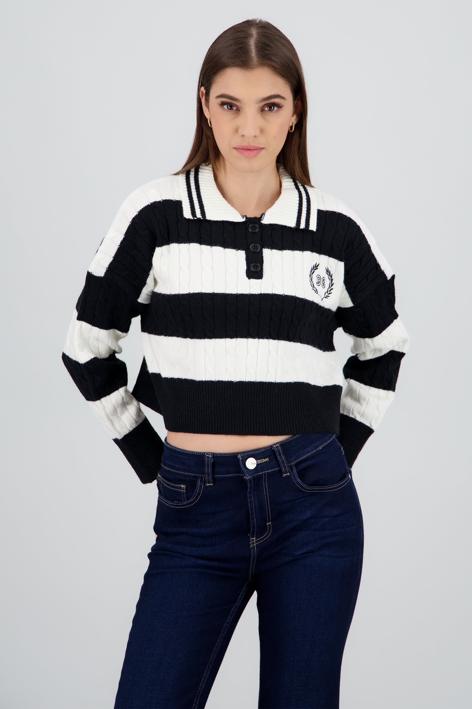 Sueter rayas cuello polo NEGRO BLANCO